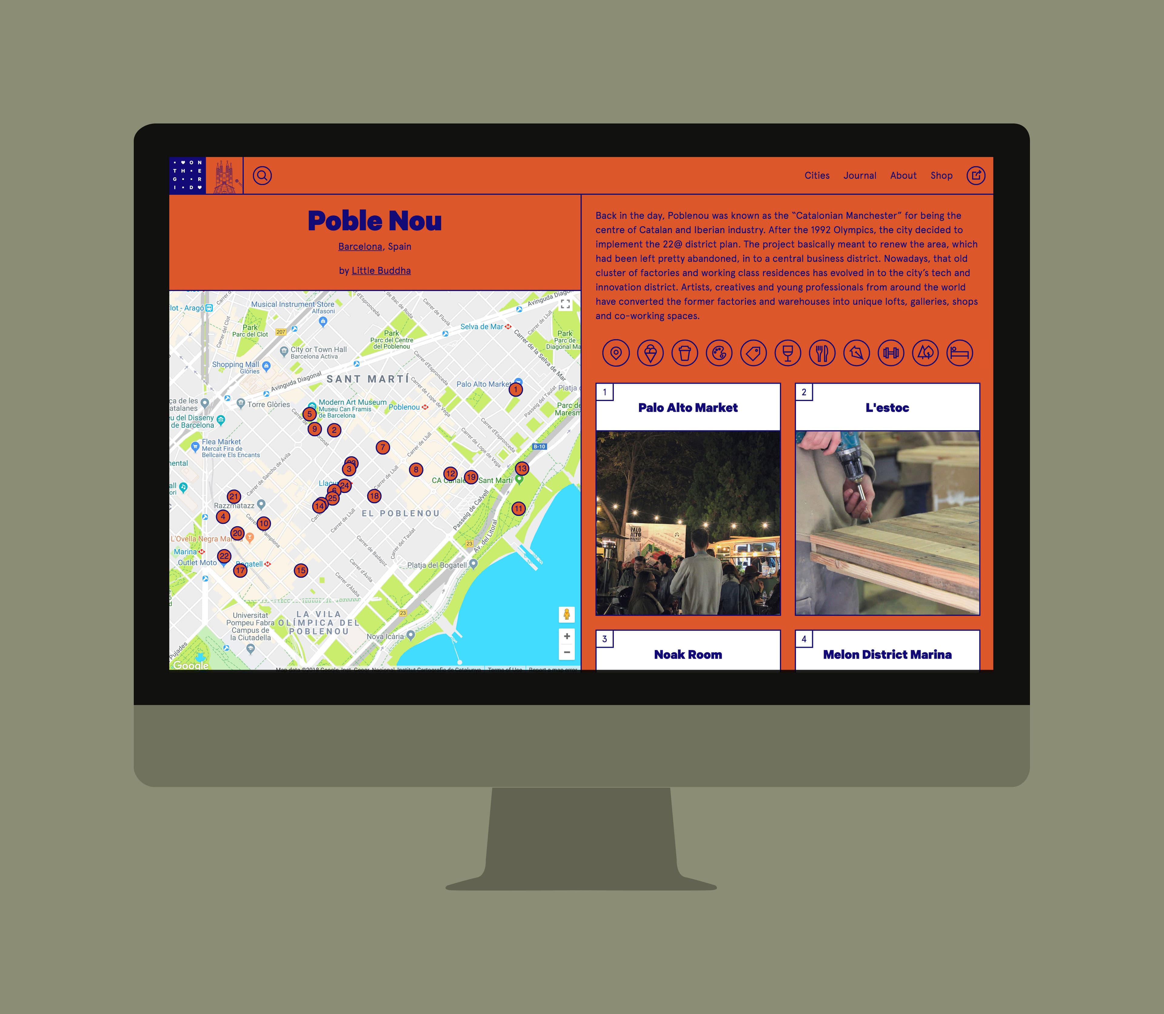 A computer screen displays a website for Poble Nou in Barcelona, Spain. The layout includes a map with red location markers, descriptions, and images of local spots such as Palo Alto Market and Melon District Marina. The site has a colorful orange and blue theme.