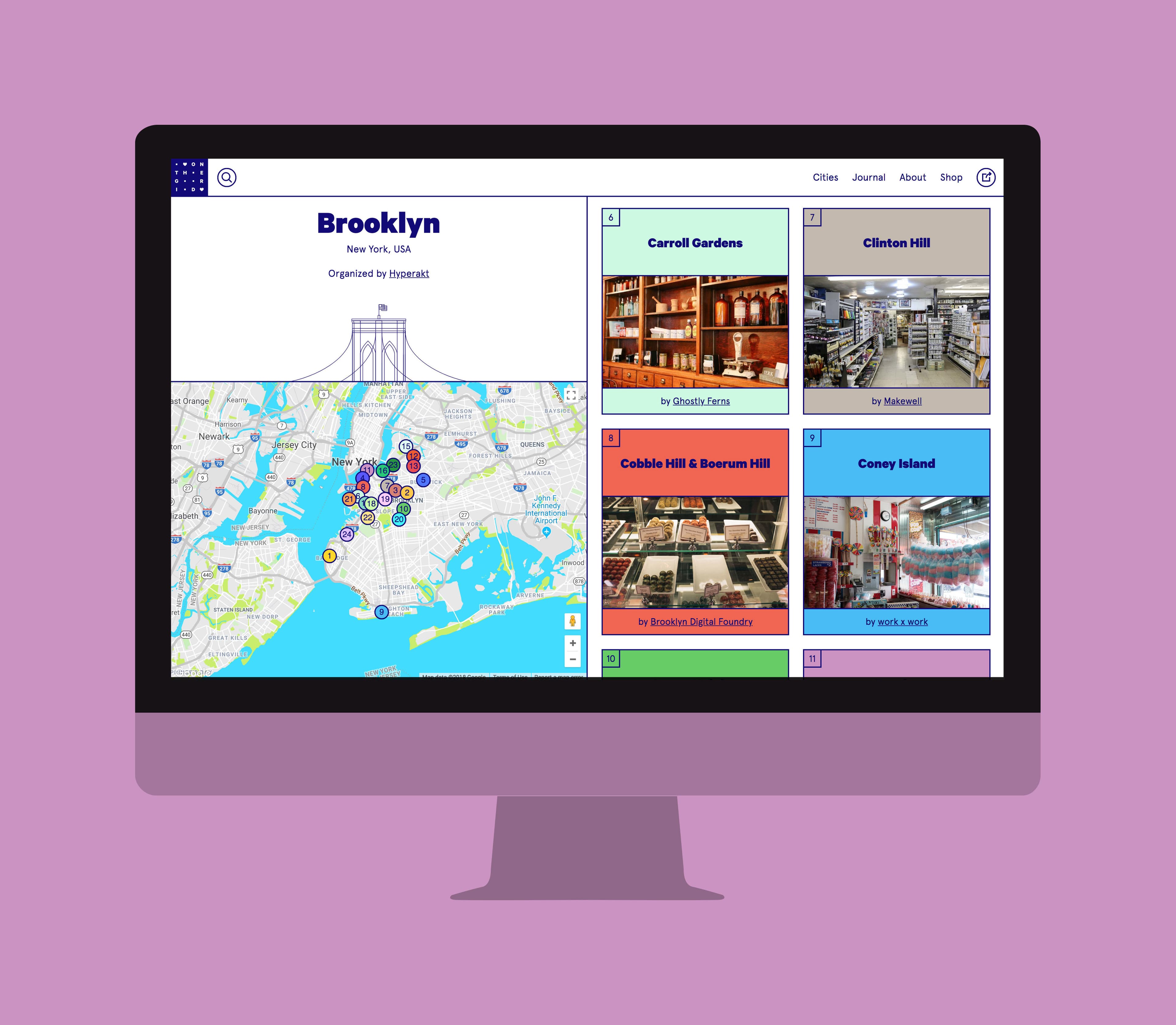 A computer monitor displays a screen featuring Brooklyn, New York, with a map and multiple highlighted locations. On the right, there are images and descriptions of Carroll Gardens, Clinton Hill, Cobble Hill & Boerum Hill, and Coney Island. The background is purple.
