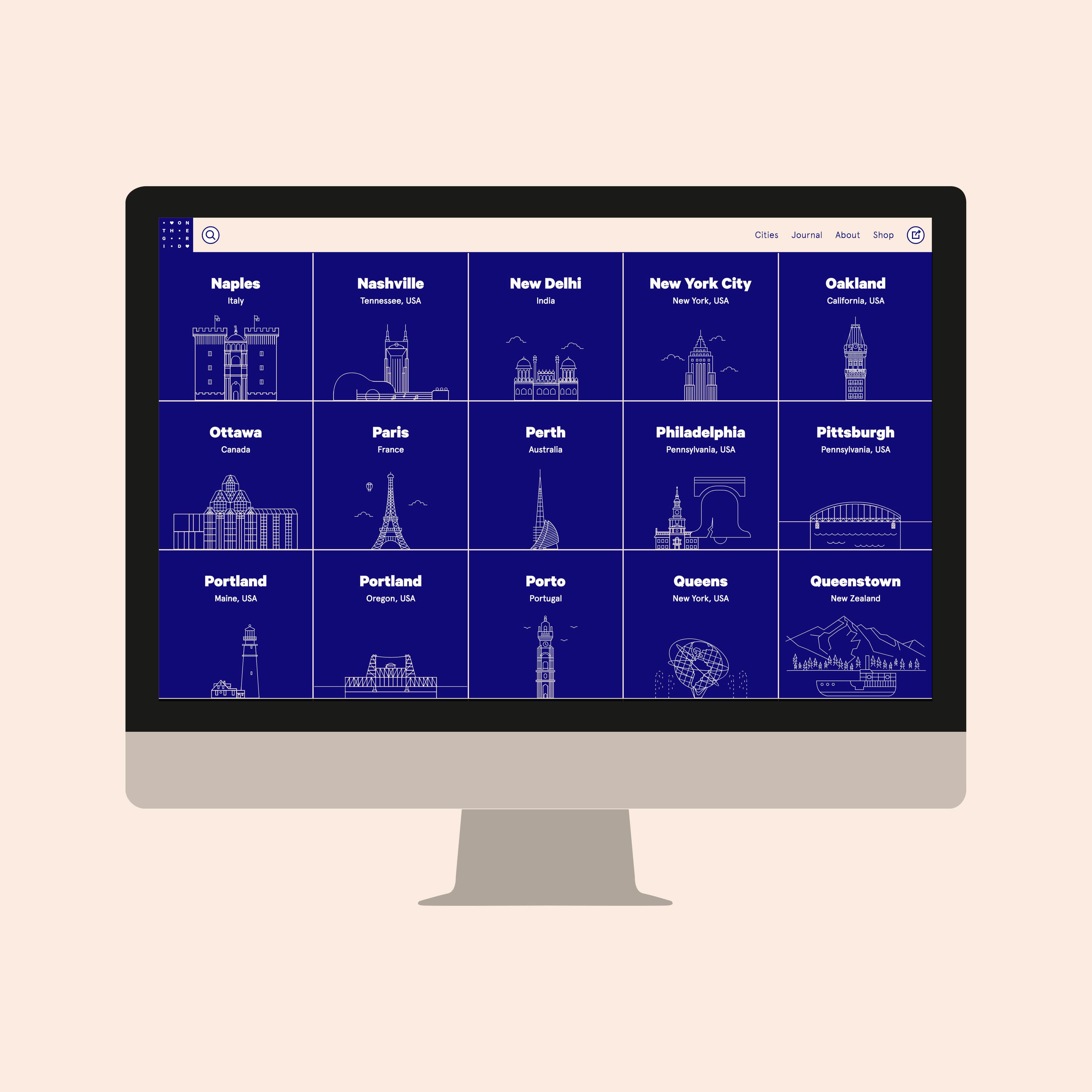 A computer monitor displays a grid of city names and illustrations on a blue background. Cities include Naples, Nashville, New Delhi, New York City, Oakland, Ottawa, Paris, Perth, Philadelphia, Pittsburgh, Portland (ME), Portland (OR), Porto, Queens, and Queenstown.