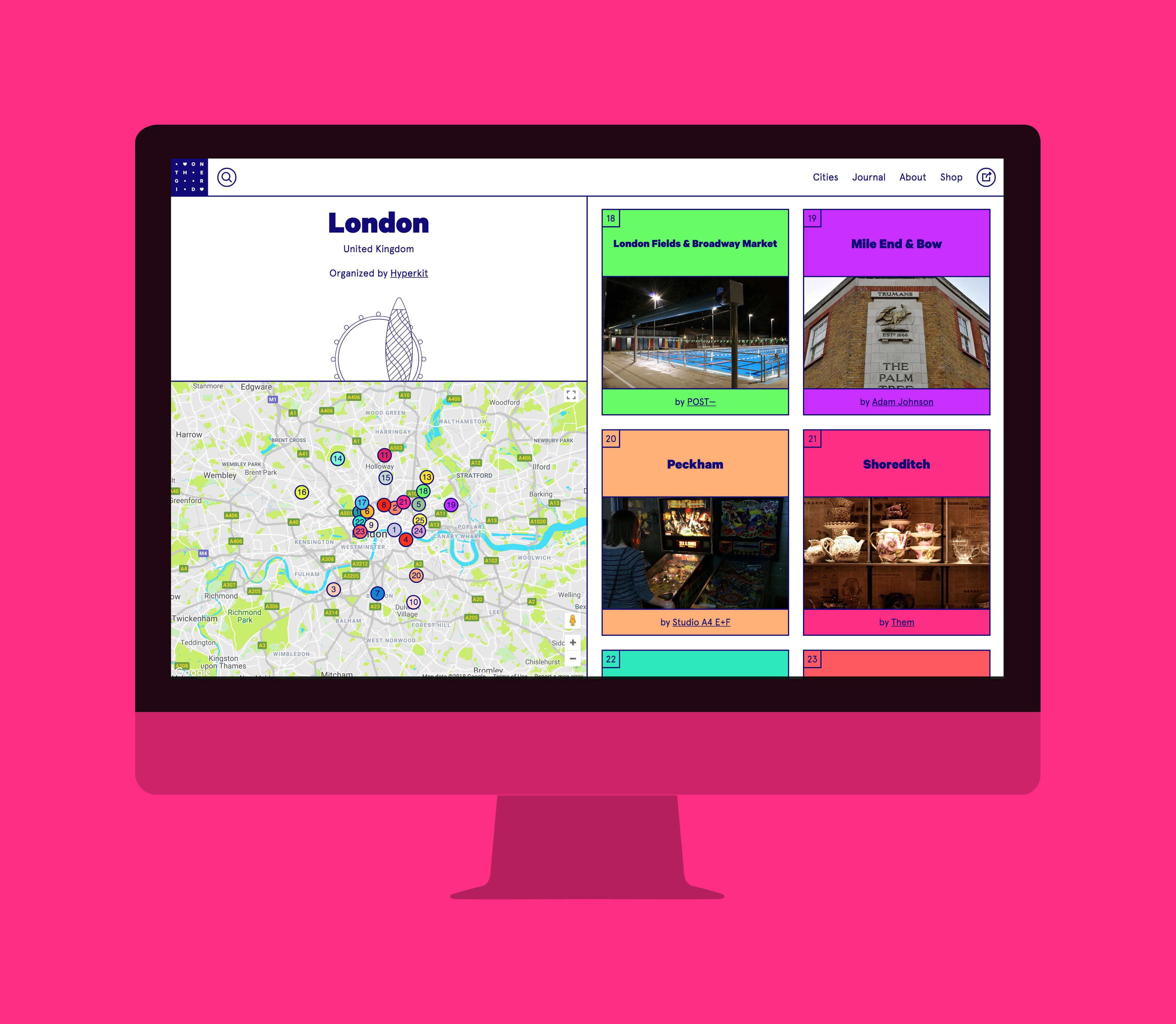 A pink computer monitor displays a website with the heading "London Urban Giggles." It features a map of central London with marked locations on the left and nine colorful boxes with images and text on the right, showcasing different places or events.
