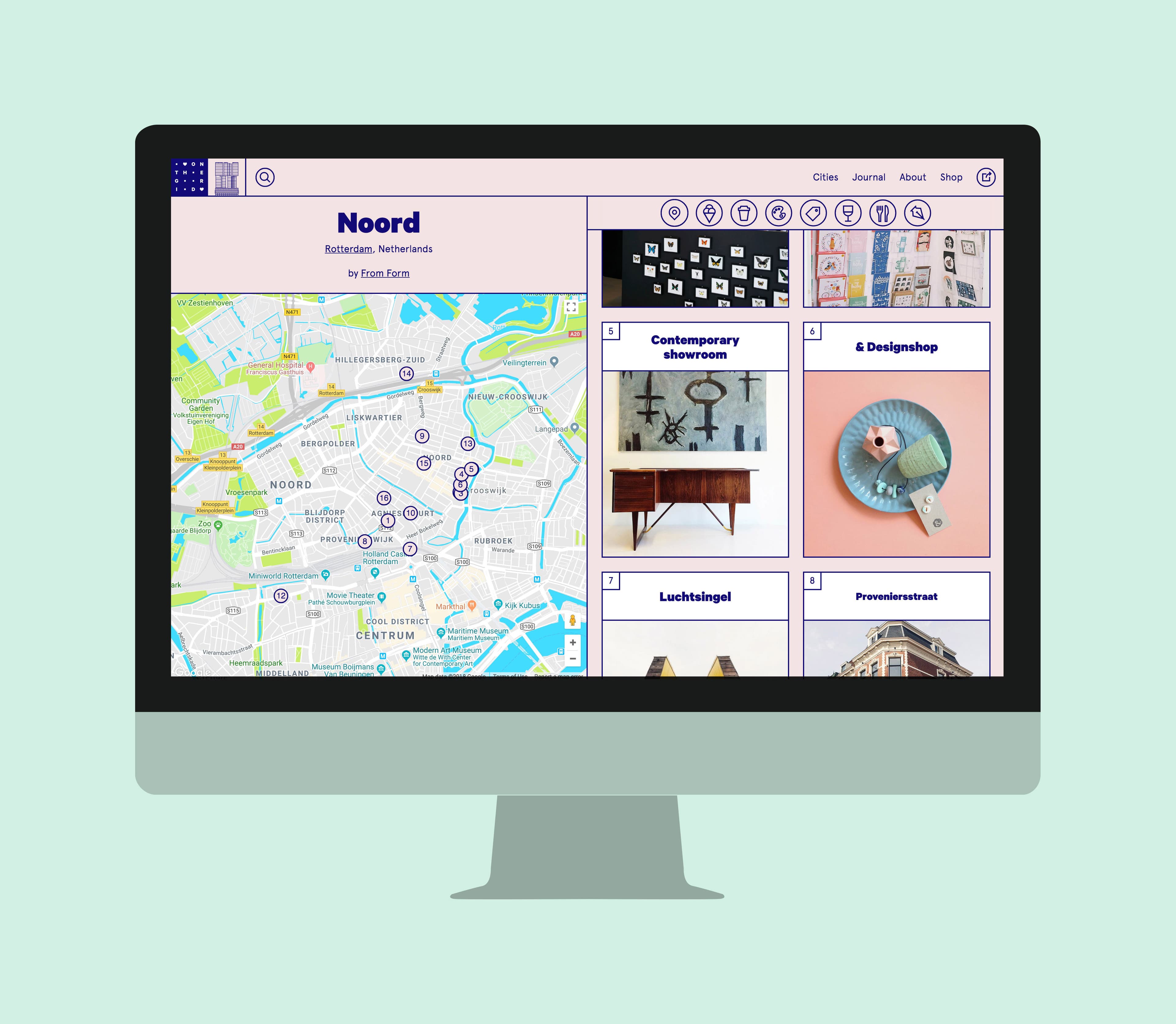 A computer screen displays a website with a map titled "Noord" and marked locations in Rotterdam. The page features various sections including "Contemporary showrooms," "Designshop," "Luchtzigt," and "Pomadezraat," each with representative images.