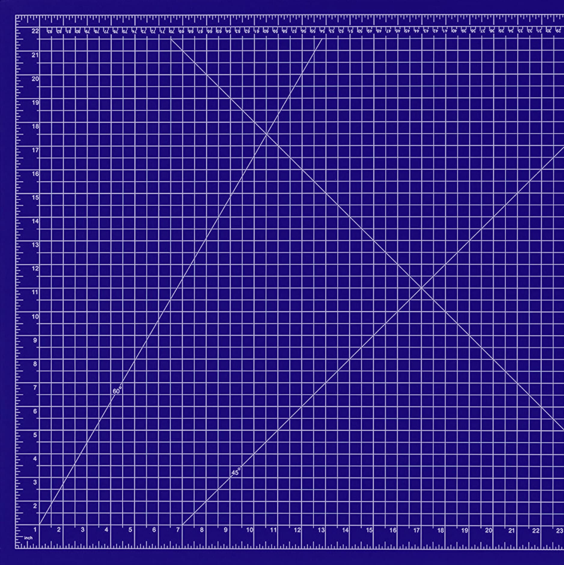 A blue cutting mat with a grid, numerals, and diagonal guidelines. The grid is marked in centimeters and inches along the edges. The mat is designed to assist with precise cutting for crafts, sewing, and other detailed work.
