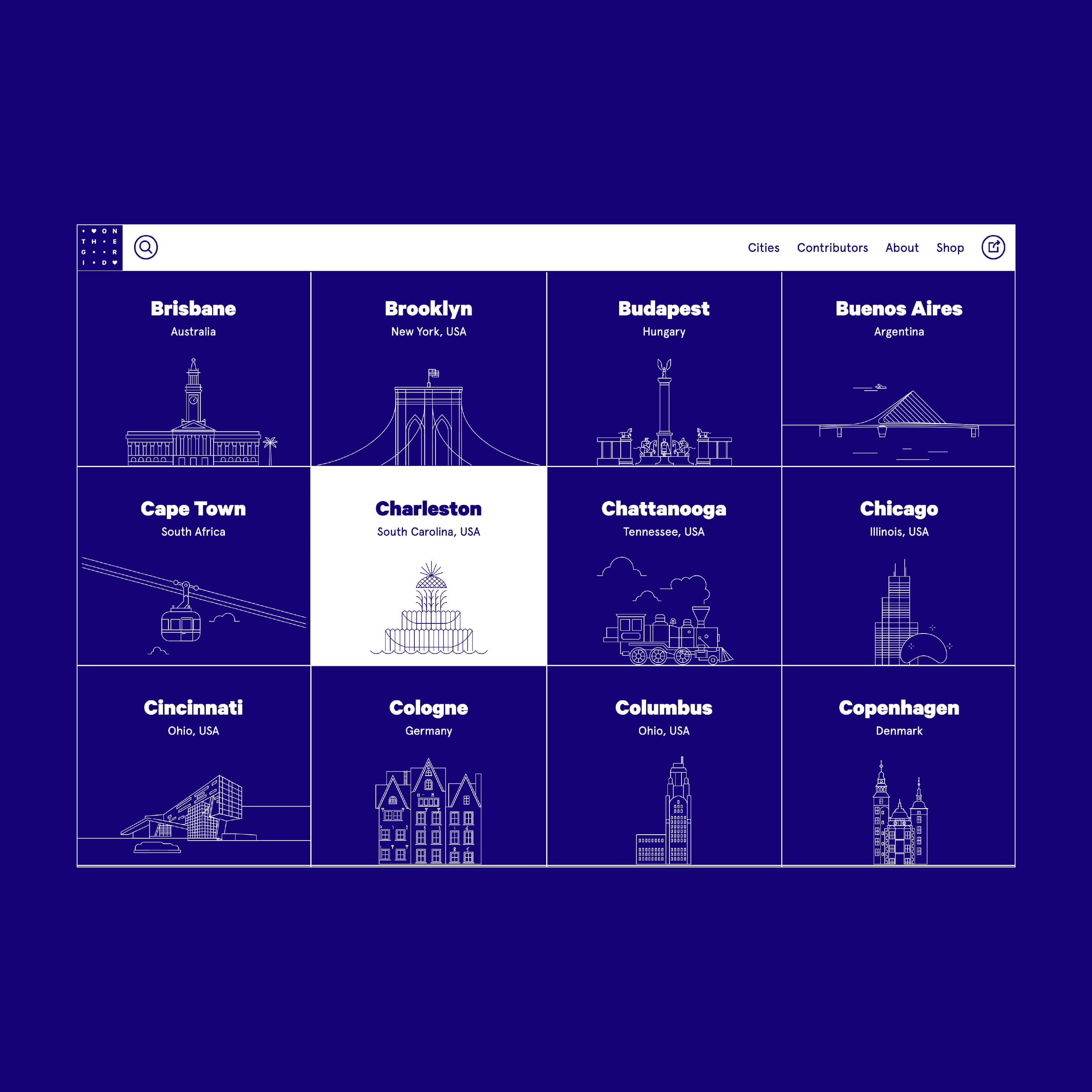 A grid showcases cityscapes and landmarks from various cities: Brisbane, Brooklyn, Budapest, Buenos Aires, Cape Town, Charleston, Chattanooga, Chicago, Cincinnati, Cologne, Columbus, and Copenhagen. Each block features a minimalist line drawing of each city's notable architecture.