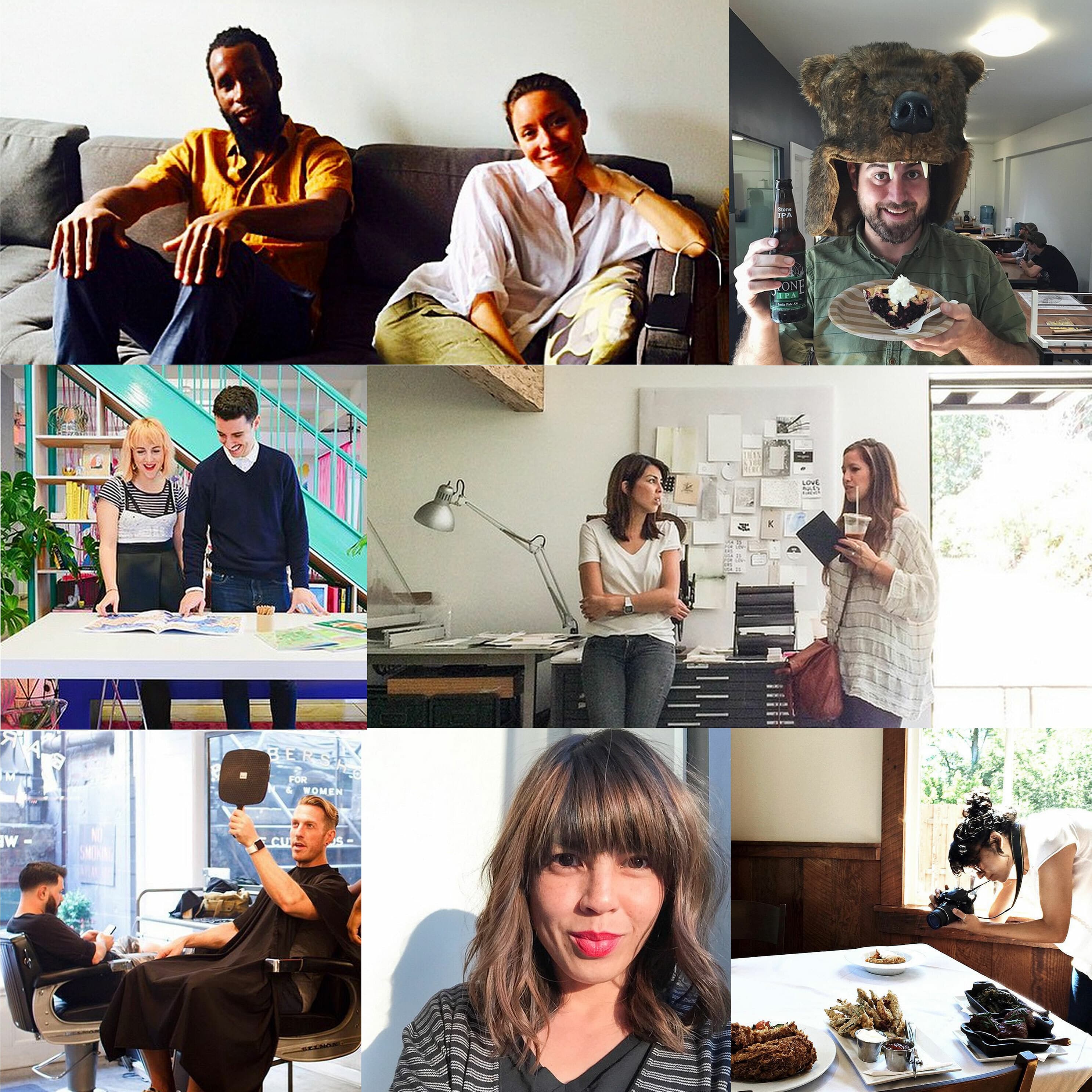 A collage of nine photos featuring diverse individuals in various settings: sitting on a couch, wearing a bear hat, discussing a project at a table, talking by a wall with photos, getting a haircut, posing outside with bangs, and photographing a cake.