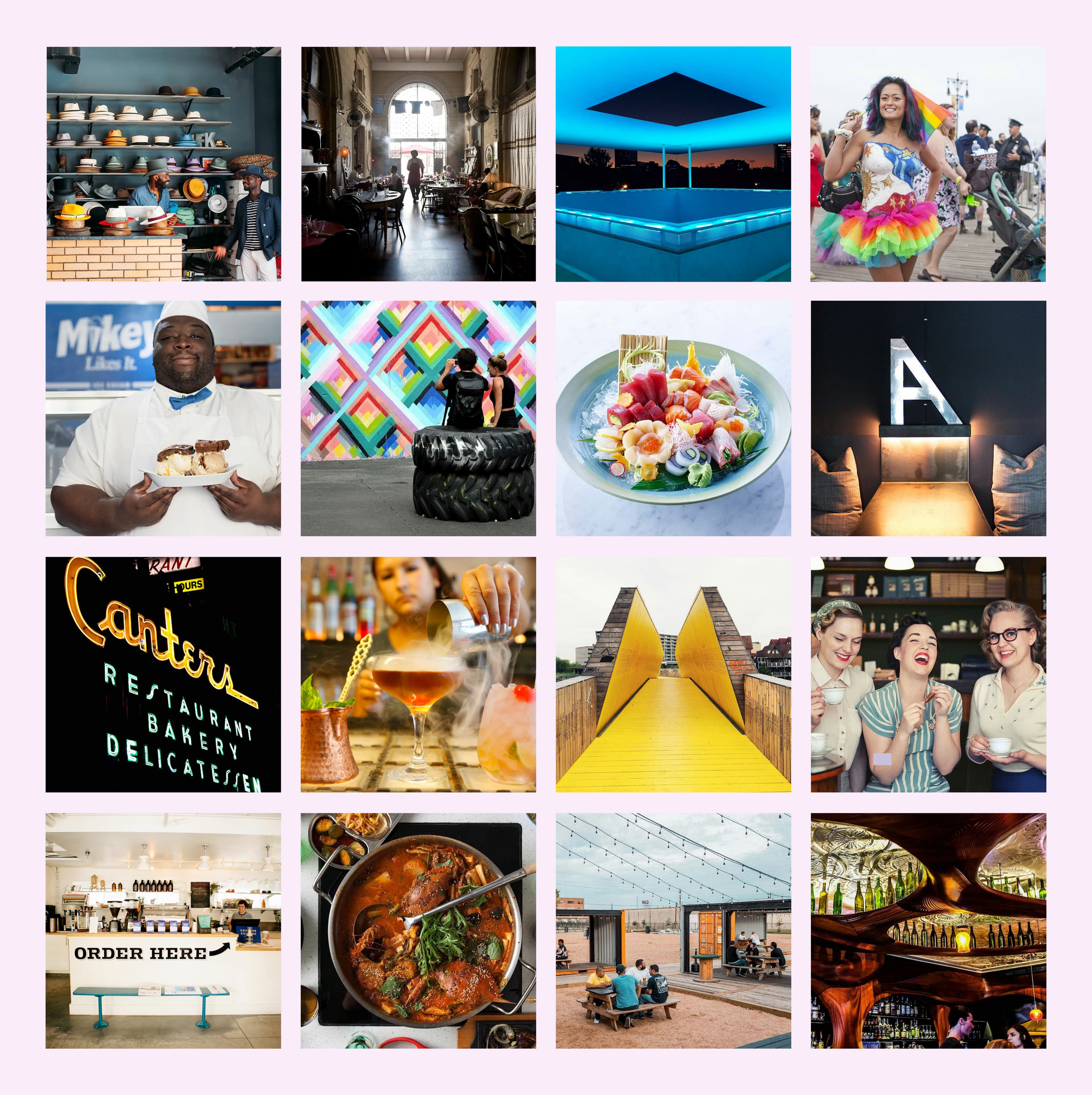 A collage of 16 diverse images includes baked goods, a bustling café, a modern rooftop pool, a colorful parade, a chef holding a dessert, an artistic tire installation, a gourmet salad, neon letter "A," a retro restaurant sign, people making cocktails, a yellow bridge, friends laughing, a takeout counter, a seafood dish, an outdoor seating area, and a stylish bar.