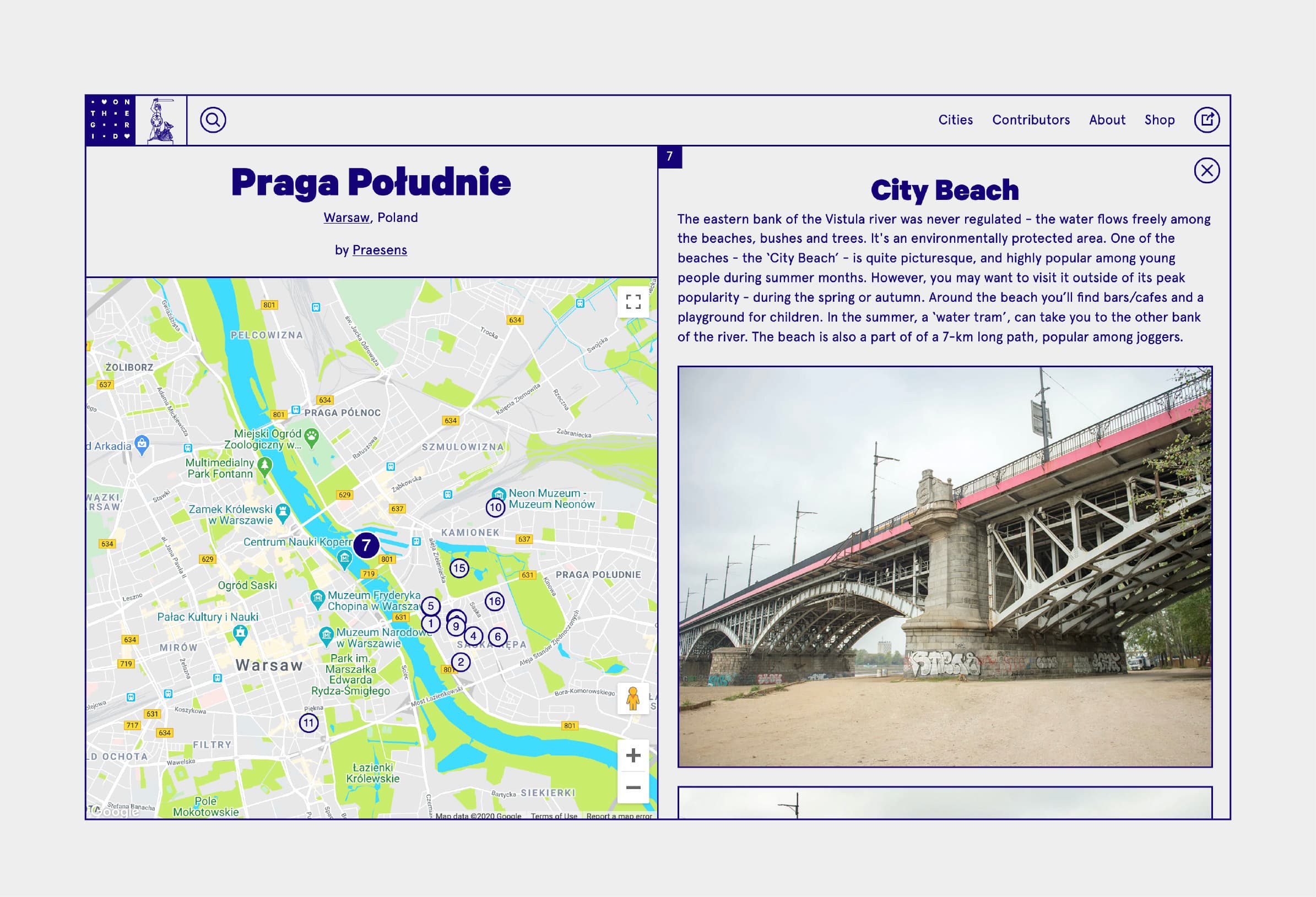 A digital interface showcasing information about Praga Południe in Warsaw, Poland. The left panel displays a map highlighting various points of interest. The right panel features an image and description of City Beach under a bridge beside the Vistula River.