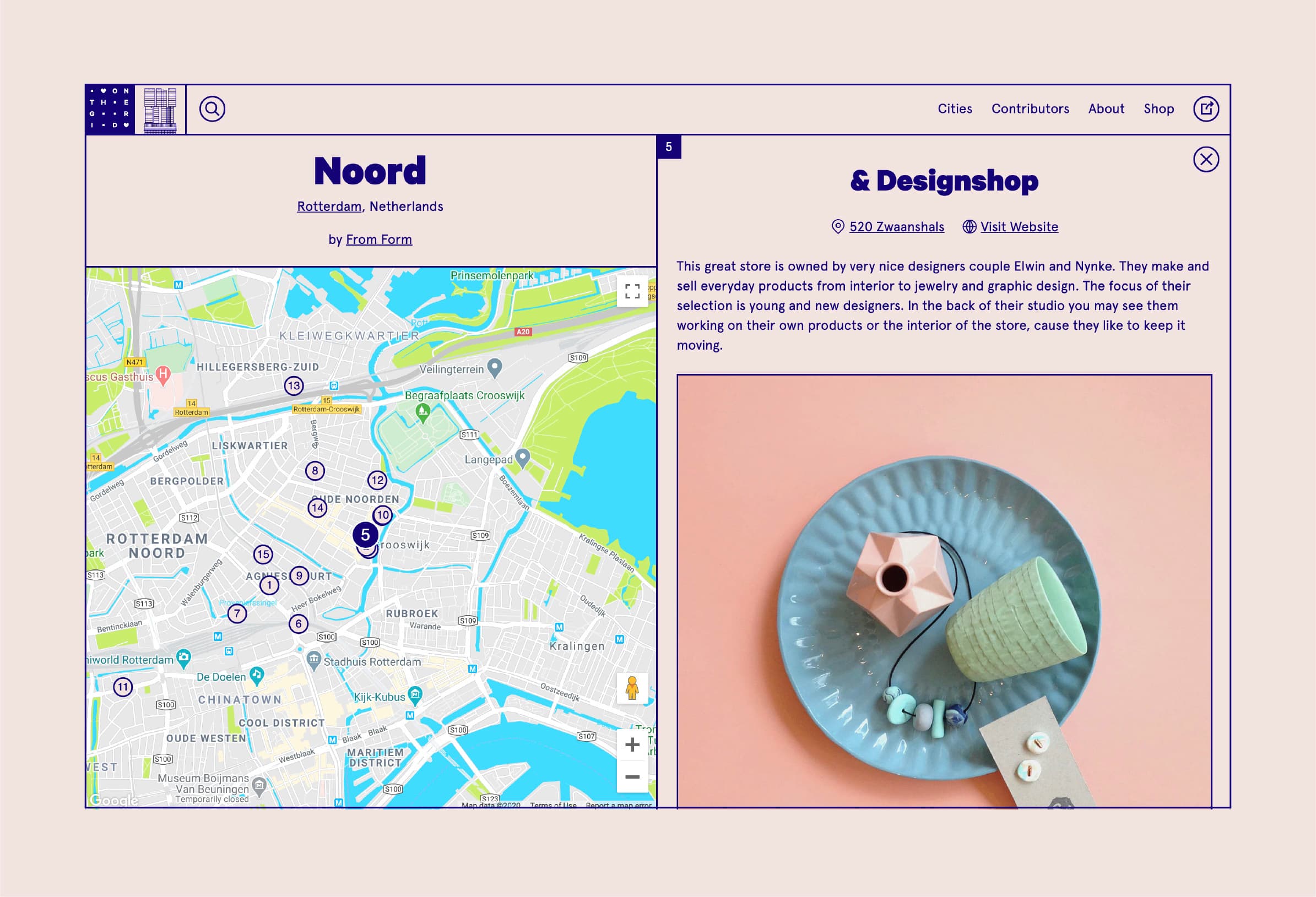 A digital map with a highlighted location for "Noord, Rotterdam, Netherlands" and description by Foam Form. The side panel displays "& Designshop," featuring a ceramics collection image with pastel-colored plates and jewelry. A 'Visit Website' link is included.
