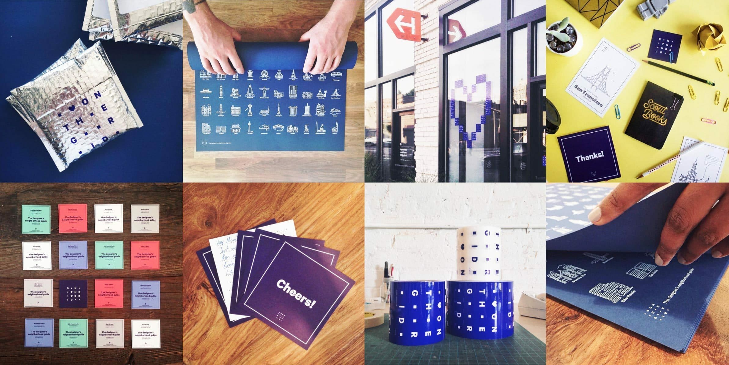 A collage of various services and products. Includes hands on foil packaging, a person folding a poster, glass office facade with a logo, colorful stationery, grid with cards, envelope with "Cheers!" note, cylindrical blue and white containers, and a person folding paper.