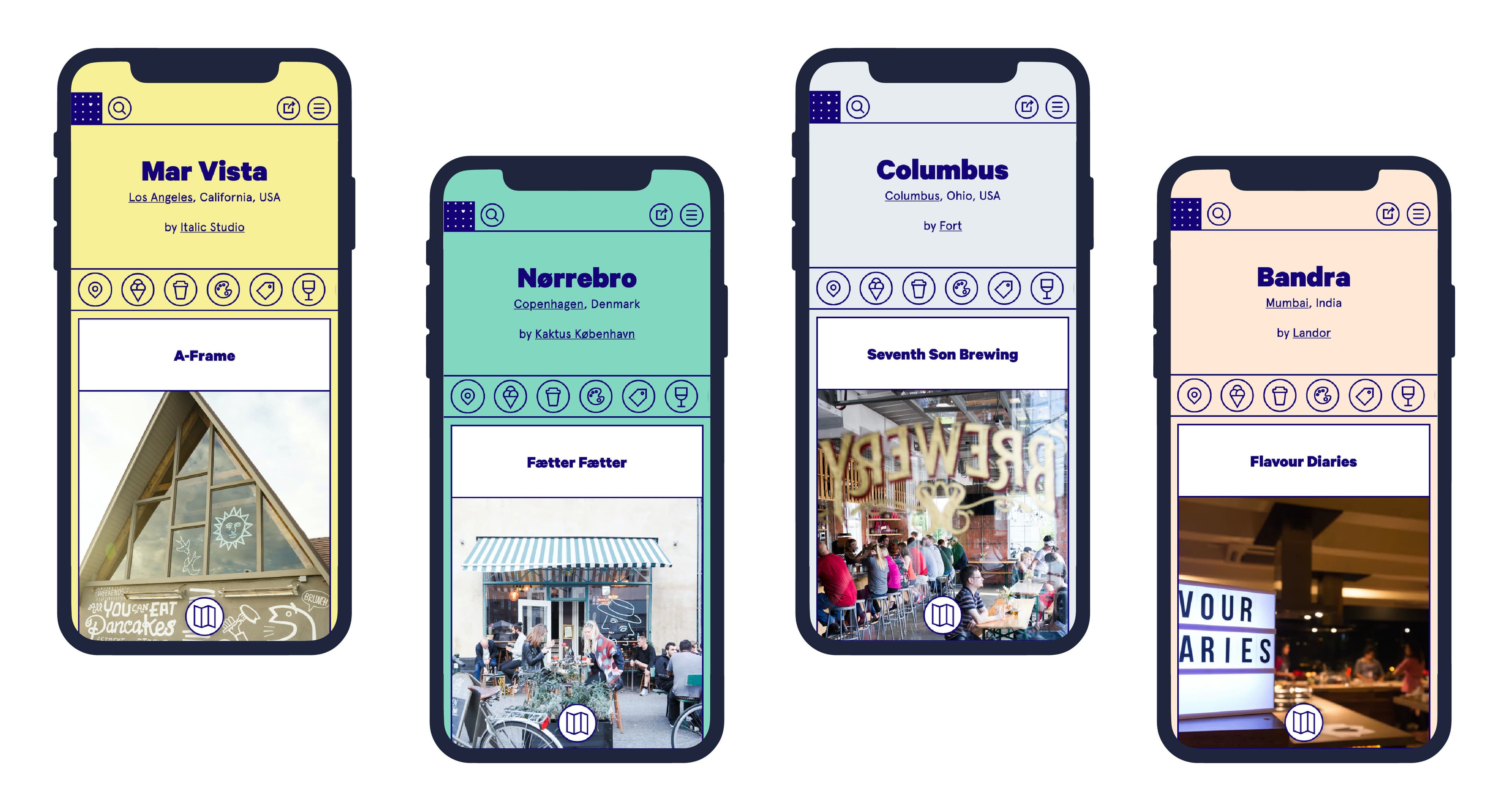 Four smartphones display a restaurant review application. Each phone shows different restaurants: Mar Vista (Los Angeles, USA), Nørrebro (Copenhagen, Denmark), Columbus (Ohio, USA), and Bandra (Mumbai, India). Photos and brief descriptions are visible.