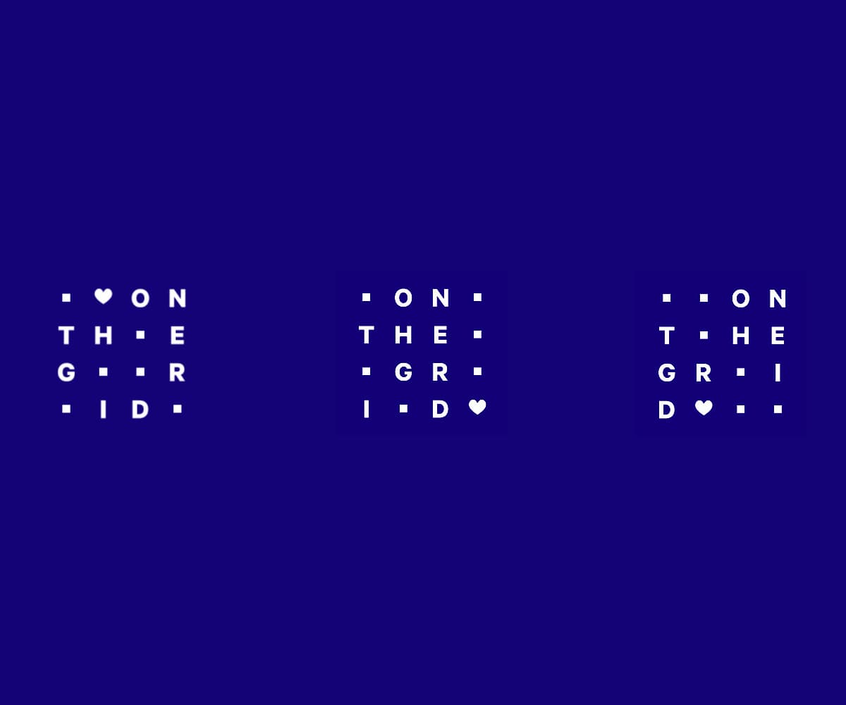 A navy blue background features three identical phrases "ON THE GRID" written in white, with the letters aligned in a vertical and horizontal grid. Heart and square symbols are placed in the corners, adding a playful element to the design.
