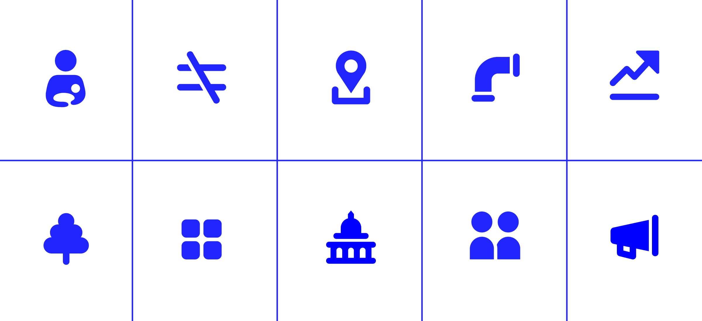 A grid of twelve blue icons on a white background. Icons include: a person with a palette, an equal sign with a slash through it, a location pin, a faucet, an upward arrow, a tree, a grid of squares, a government building, two people side by side, and a megaphone.