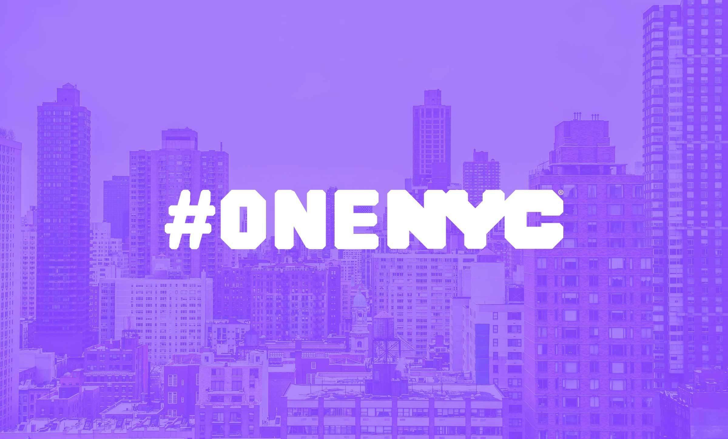 A city skyline composed of various tall buildings under a clear sky. The image has a purple color overlay. Large, bold white text in the center reads "#ONENYC".