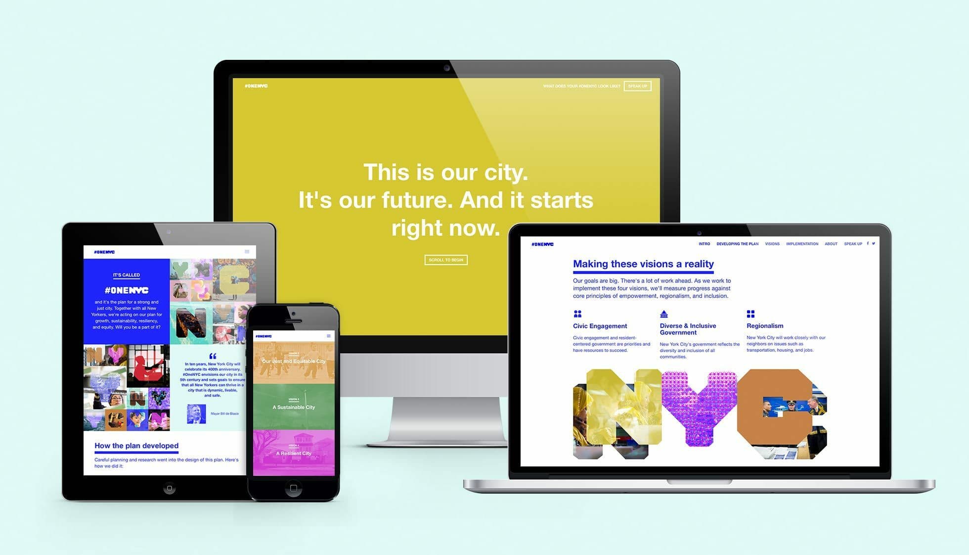 Multiple electronic devices, including a desktop computer, laptop, tablet, and smartphone, display webpages related to a city planning initiative. The screens show various colors, images, texts, and graphics with phrases like "This is our city," and "Making these visions a reality.