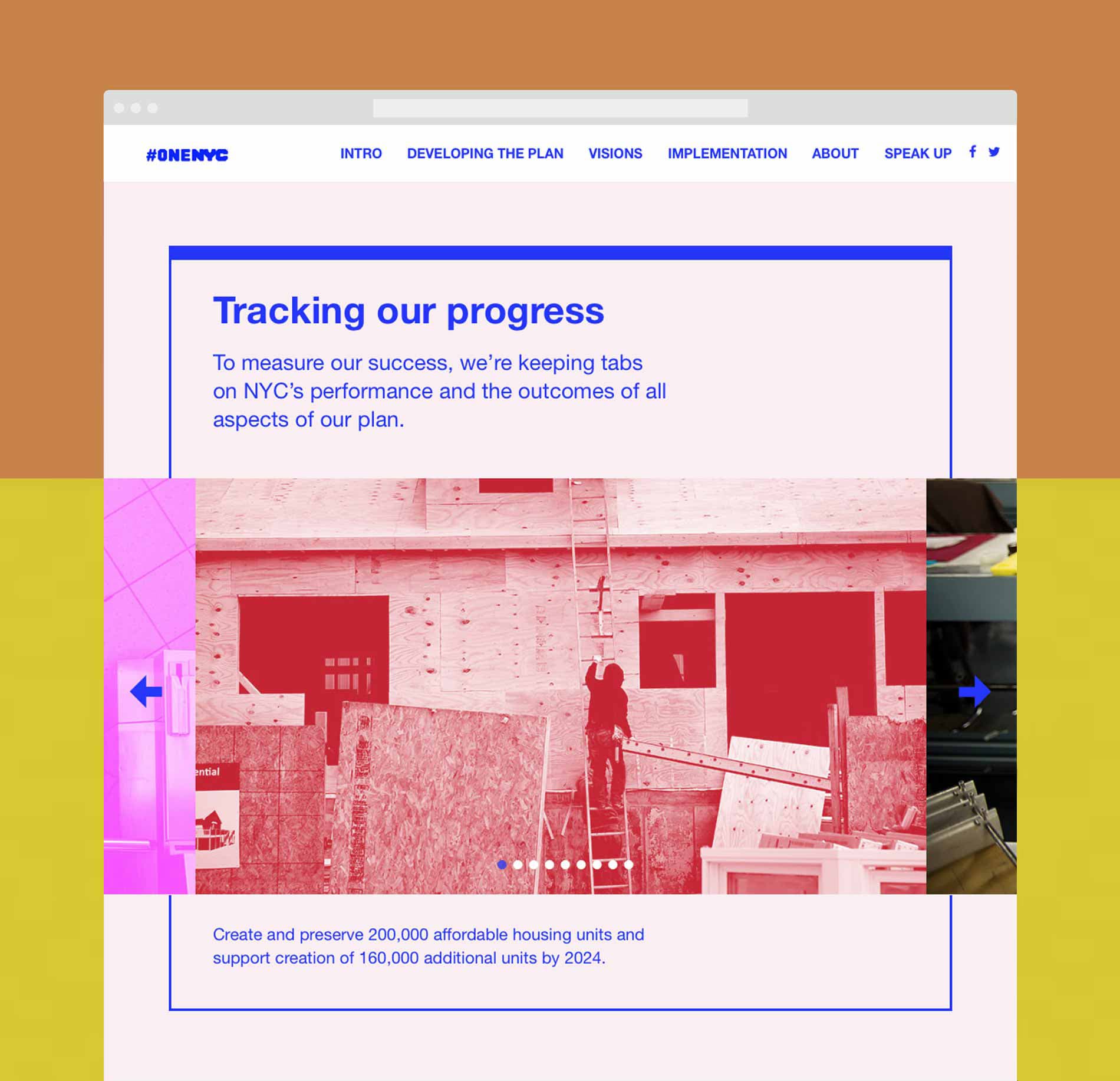 A webpage displaying "Tracking our progress" with a construction scene highlighted in red and pink hues. The goal is to create and preserve 200,000 affordable housing units and support the creation of 160,000 additional units by 2024. Navigation options are at the top.