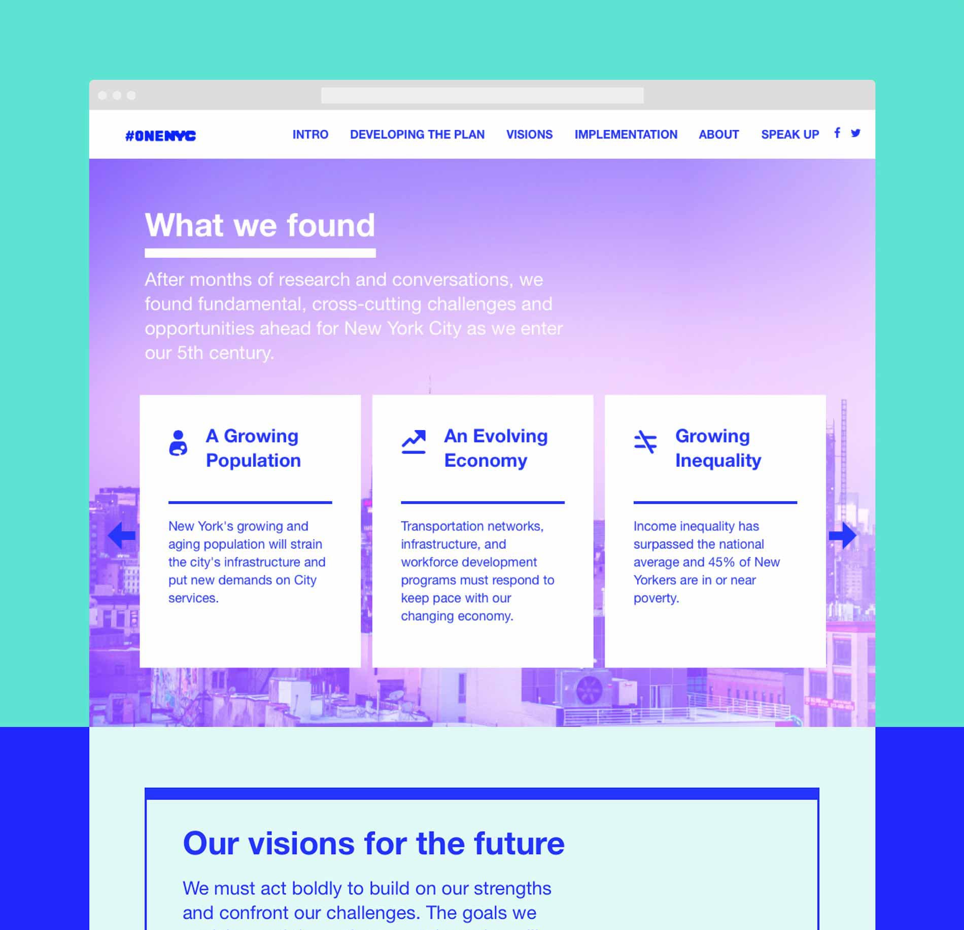 A webpage with a light blue header and body background, titled "#ONENYC". Below are sections labeled "A Growing Population", "An Evolving Economy", and "Growing Inequality" with brief descriptive texts underneath each. The bottom part features a vision statement for NYC.