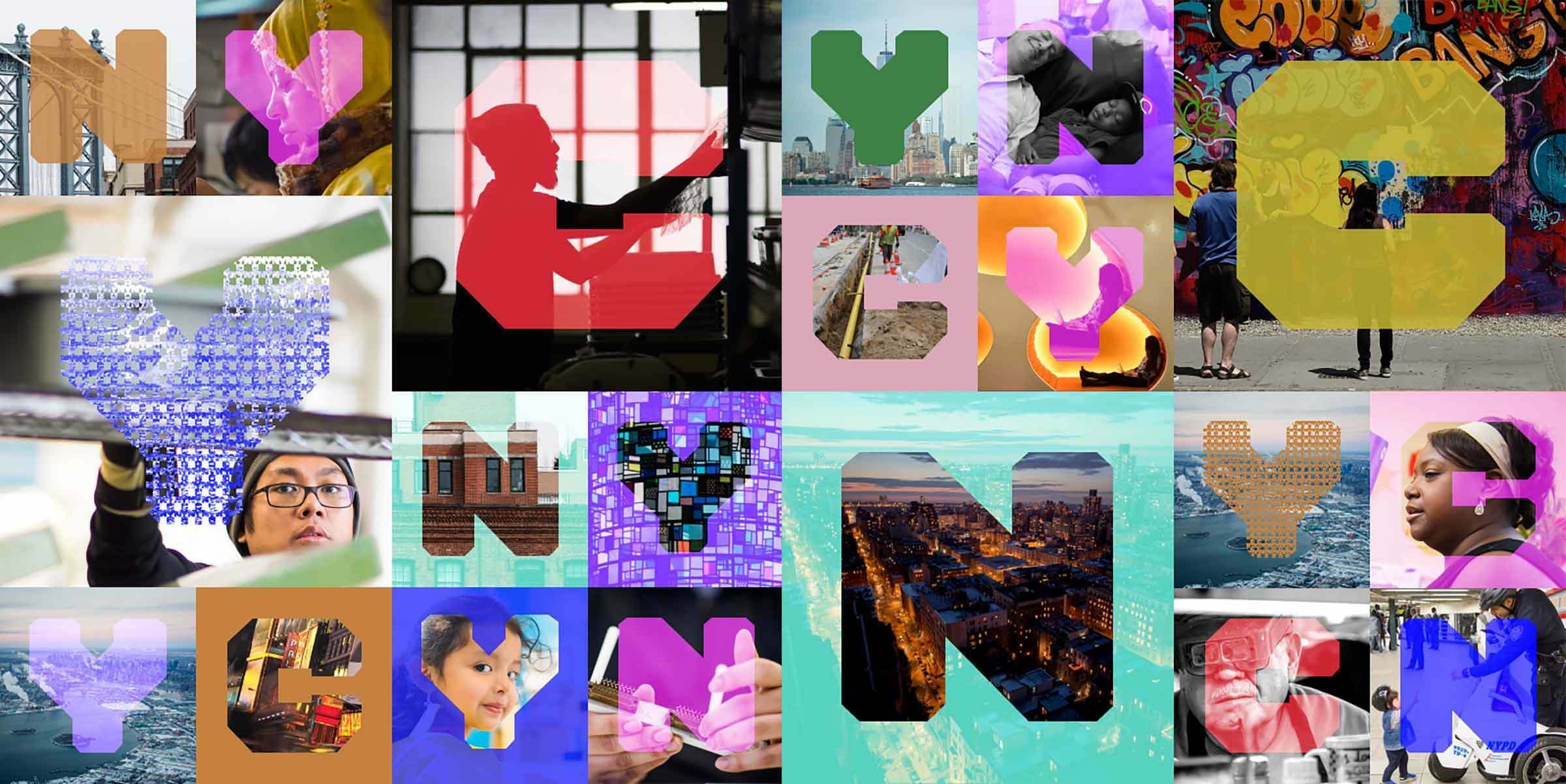 A collage of various images with the letter 'Y' prominently featured. The 'Y' shapes are filled with diverse scenes including urban landscapes, people working or posing, a sunrise, graffiti art, and other vibrant settings. The backgrounds within each letter vary widely.