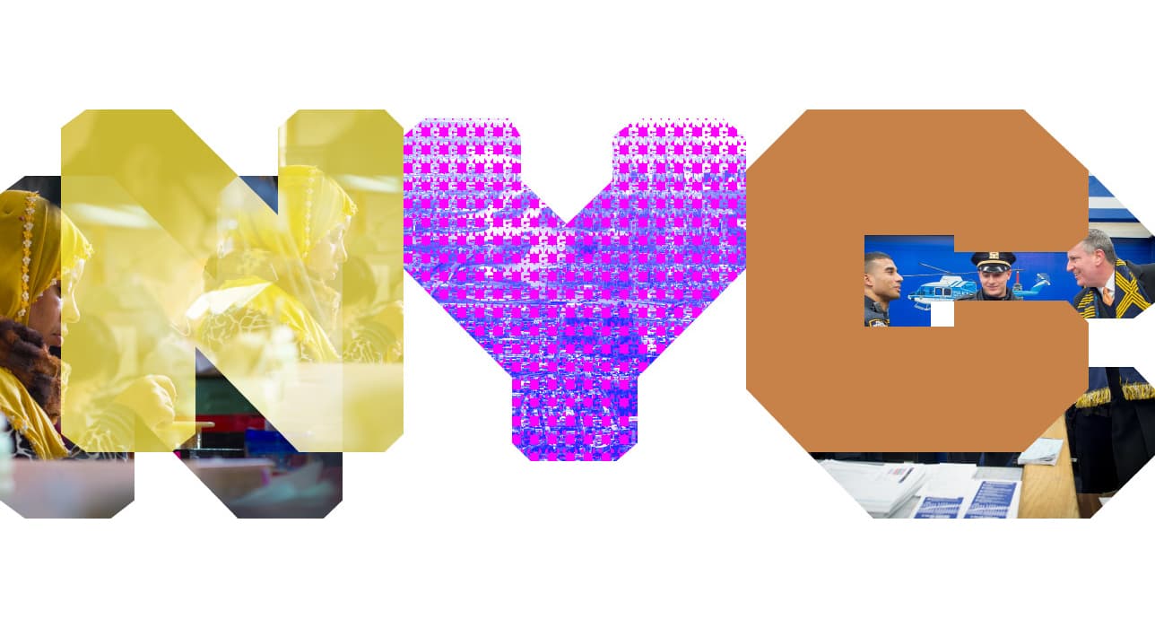 Text 'NYC' is filled with various images, including people in conversation and officials in uniform, set against a white background.