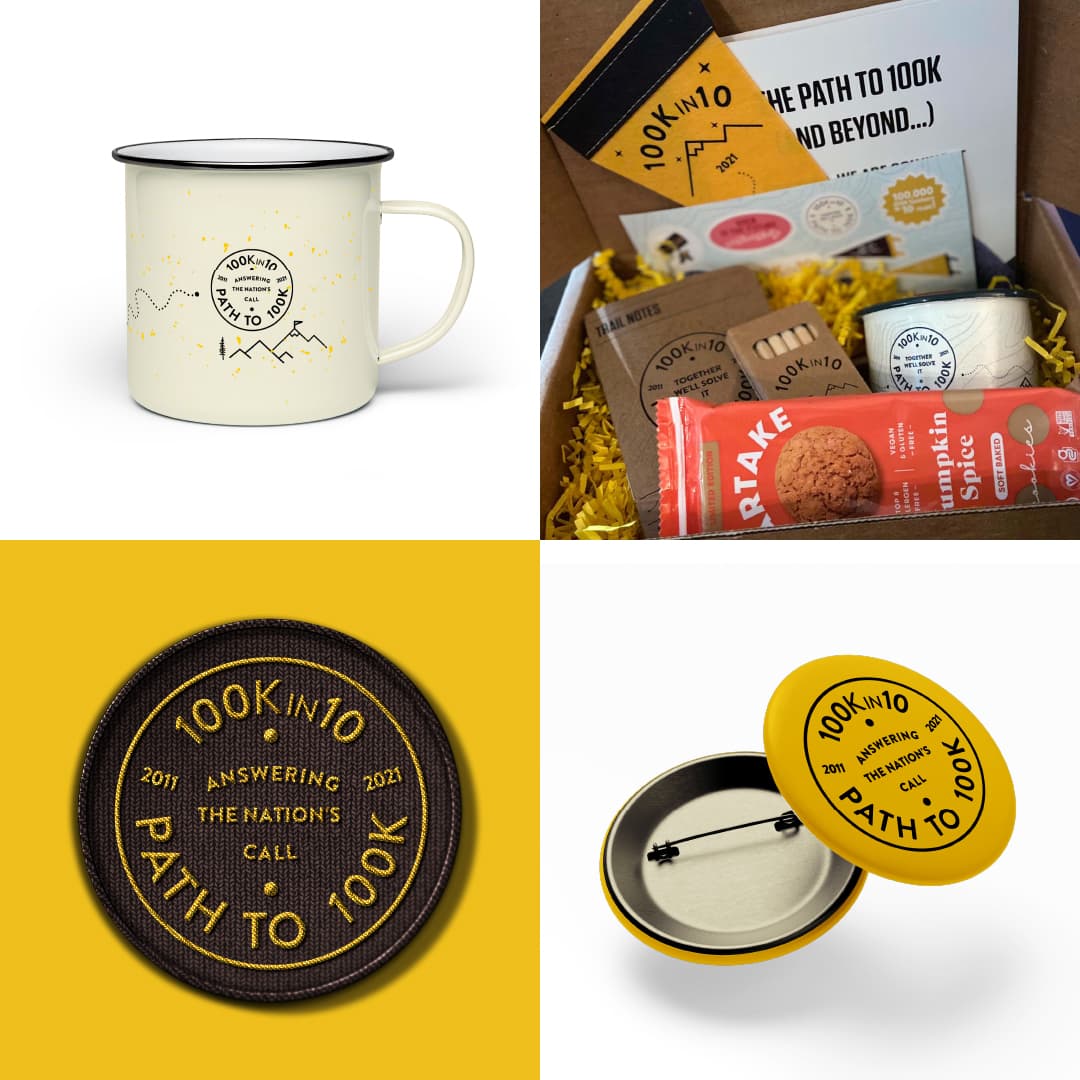 A collage of four images: a white enamel mug with a black rim featuring "Path to 100K" text and mountain design; a box with the text "The Path to 100K and Beyond" containing snacks, a sticker, and a notebook; a round, black and yellow embroidered patch; and a yellow lapel pin.
