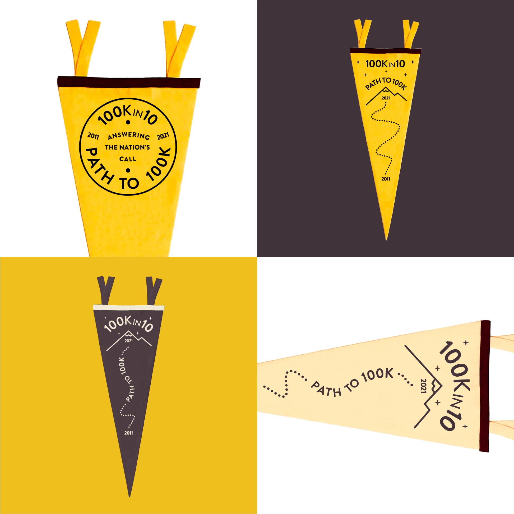 A collage of four triangular banners, each reading "Path to 100K" and "Answering the Nation's Call" with various years from 2019 to 2023. Each banner is yellow and brown, featuring stylized text and graphics with different background colors: yellow and dark brown.