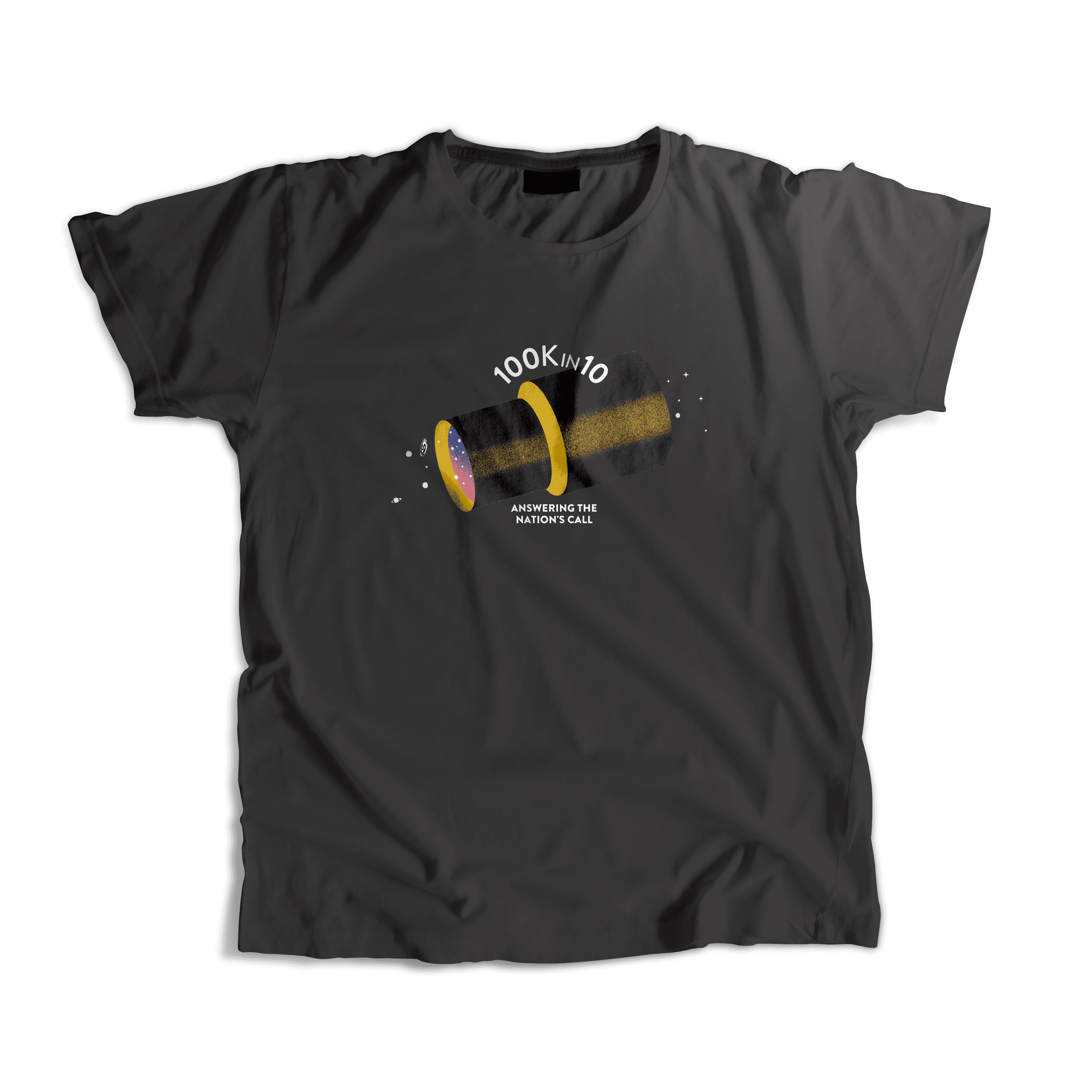 A black T-shirt featuring a design of a yellow-rimmed telescope with sparkling dots around it. The text above the telescope reads "LOOK INTO," and below it says "ANSWERING THE MATRON'S CALL.