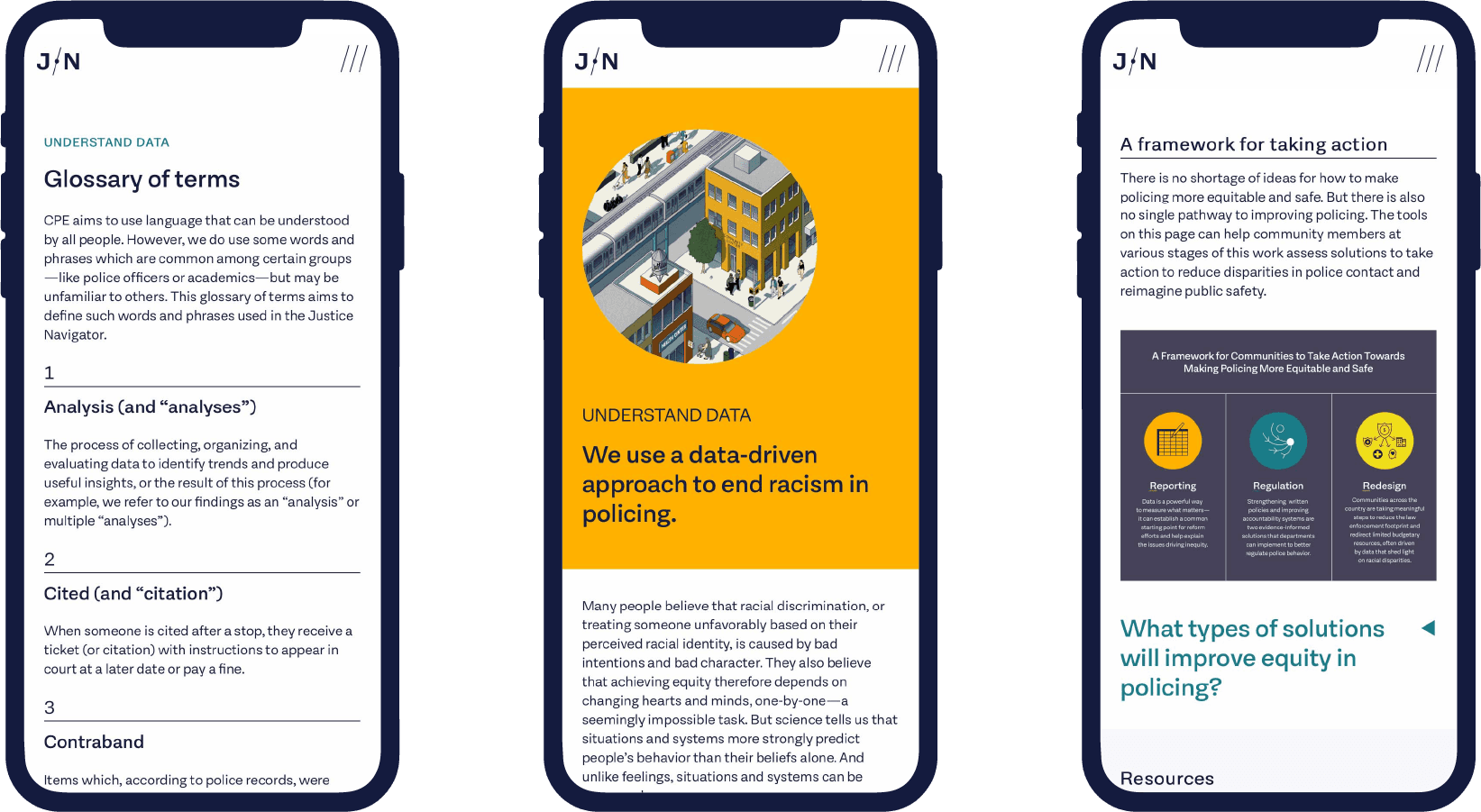 Three smartphone screens show different sections of a website. The first screen displays a glossary of terms related to policing, the second explains a data-driven approach to ending racism with an illustration of a city, and the third outlines a framework for taking action.