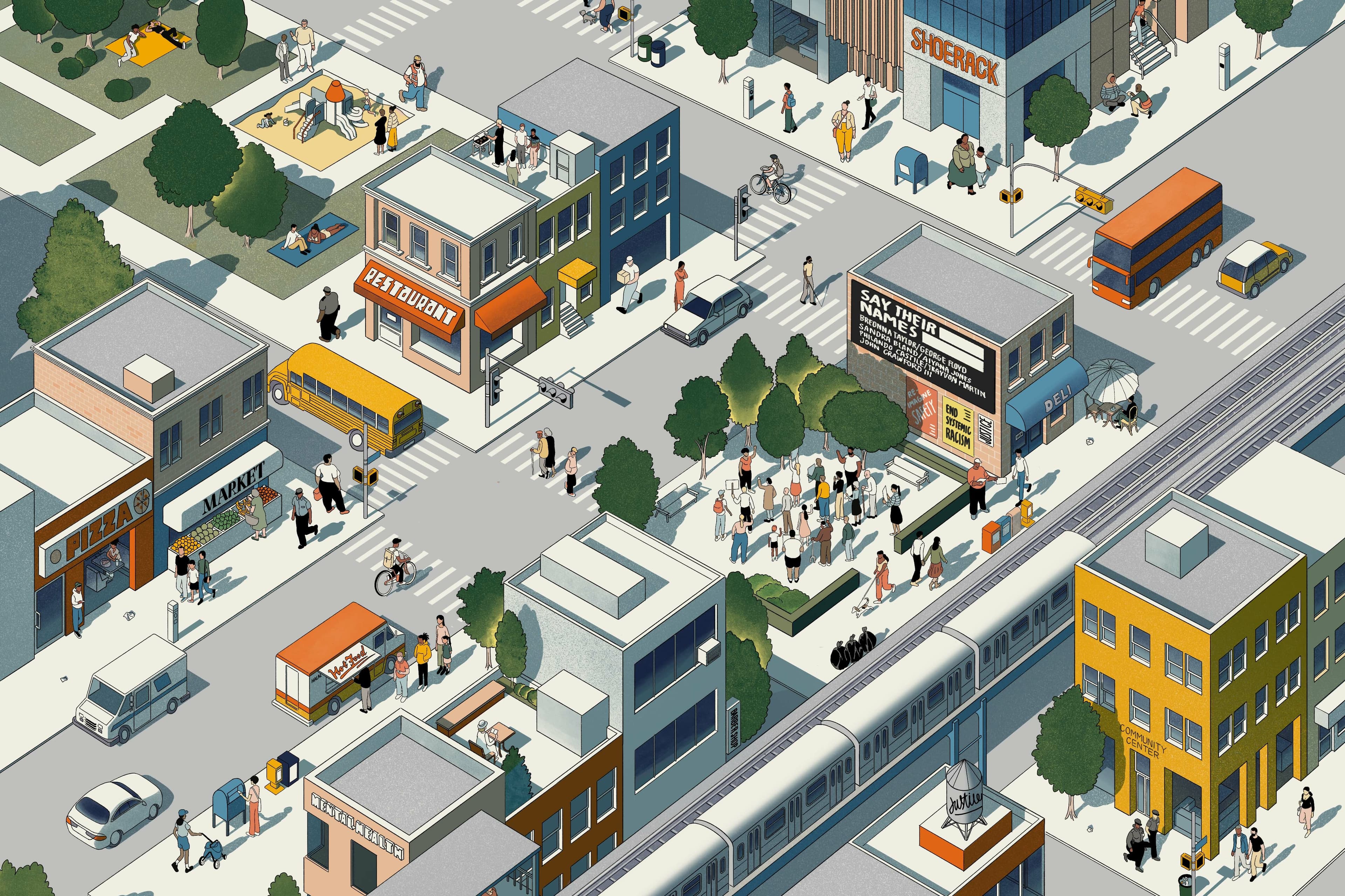 Illustrated city street scene with people walking, children playing, bikers, and a school bus arriving. Buildings include a restaurant, market, and shops. A train is passing on elevated tracks. Trees and crosswalks are visible, contributing to a vibrant urban atmosphere.