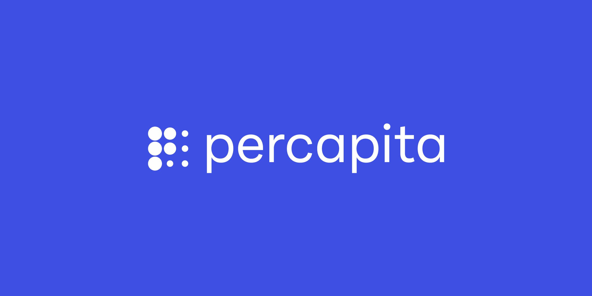 The image displays a logo with the word "percapita" in white lowercase letters against a blue background. To the left of the text, there is a design consisting of three rows of three aligned dots, also in white.