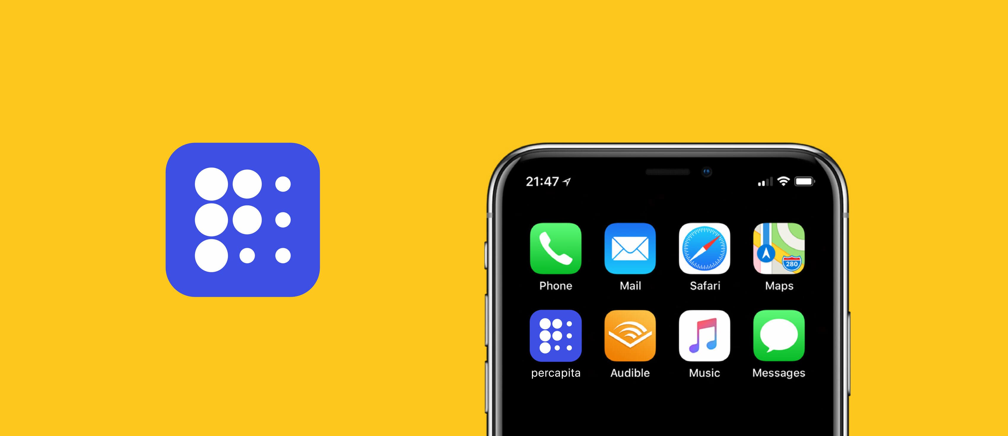 A smartphone displaying apps such as Phone, Mail, Safari, Maps, Audible, Music, and Messages on the home screen. To the left of the smartphone is the Percapita logo on a blue background, consisting of nine white circles arranged in a square grid. The background is yellow.