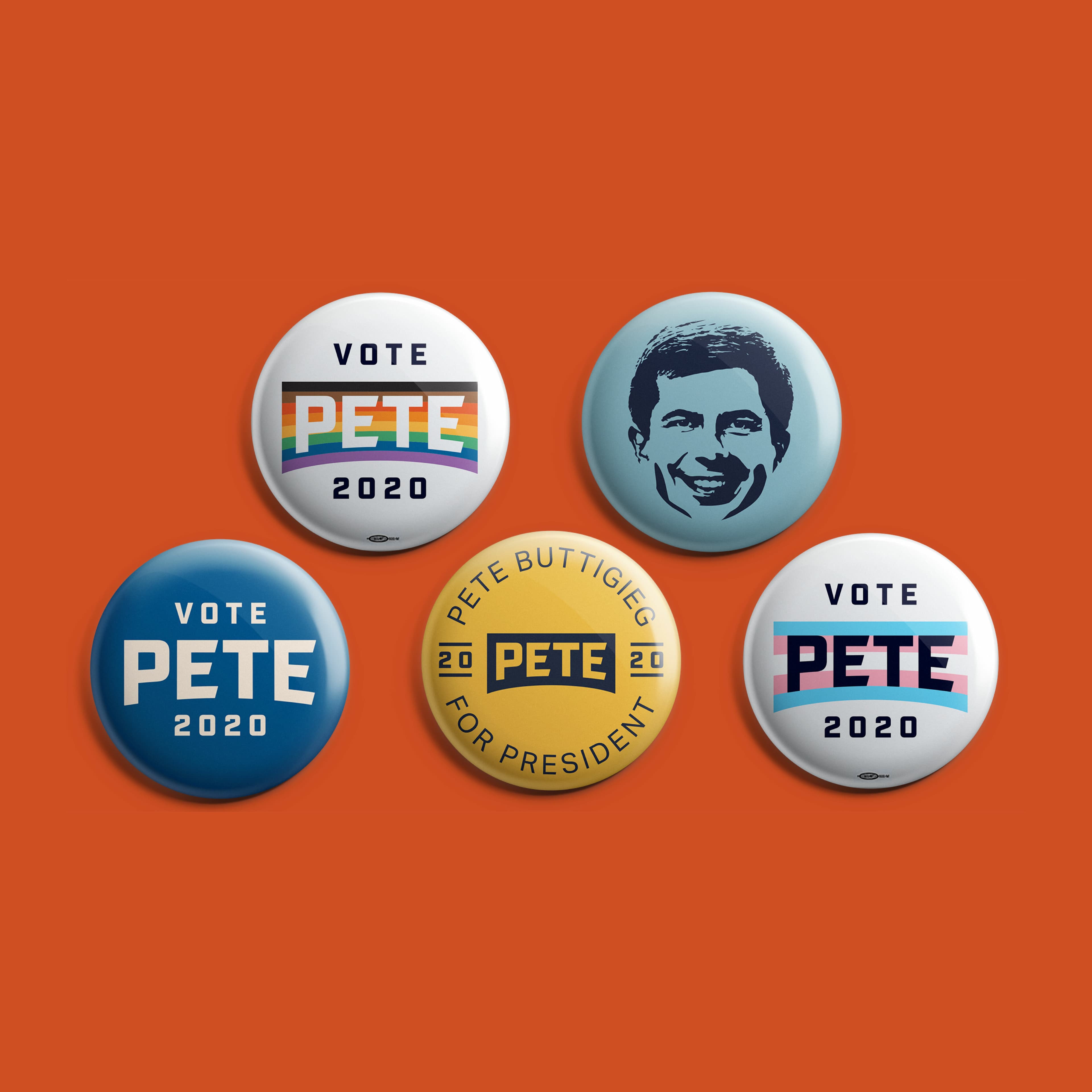 Image of five campaign buttons on an orange background. The buttons feature slogans like "Vote Pete 2020" in various designs and colors. One button includes a black and white image of a person's face. Another says "Pete Buttigieg for President" in yellow.