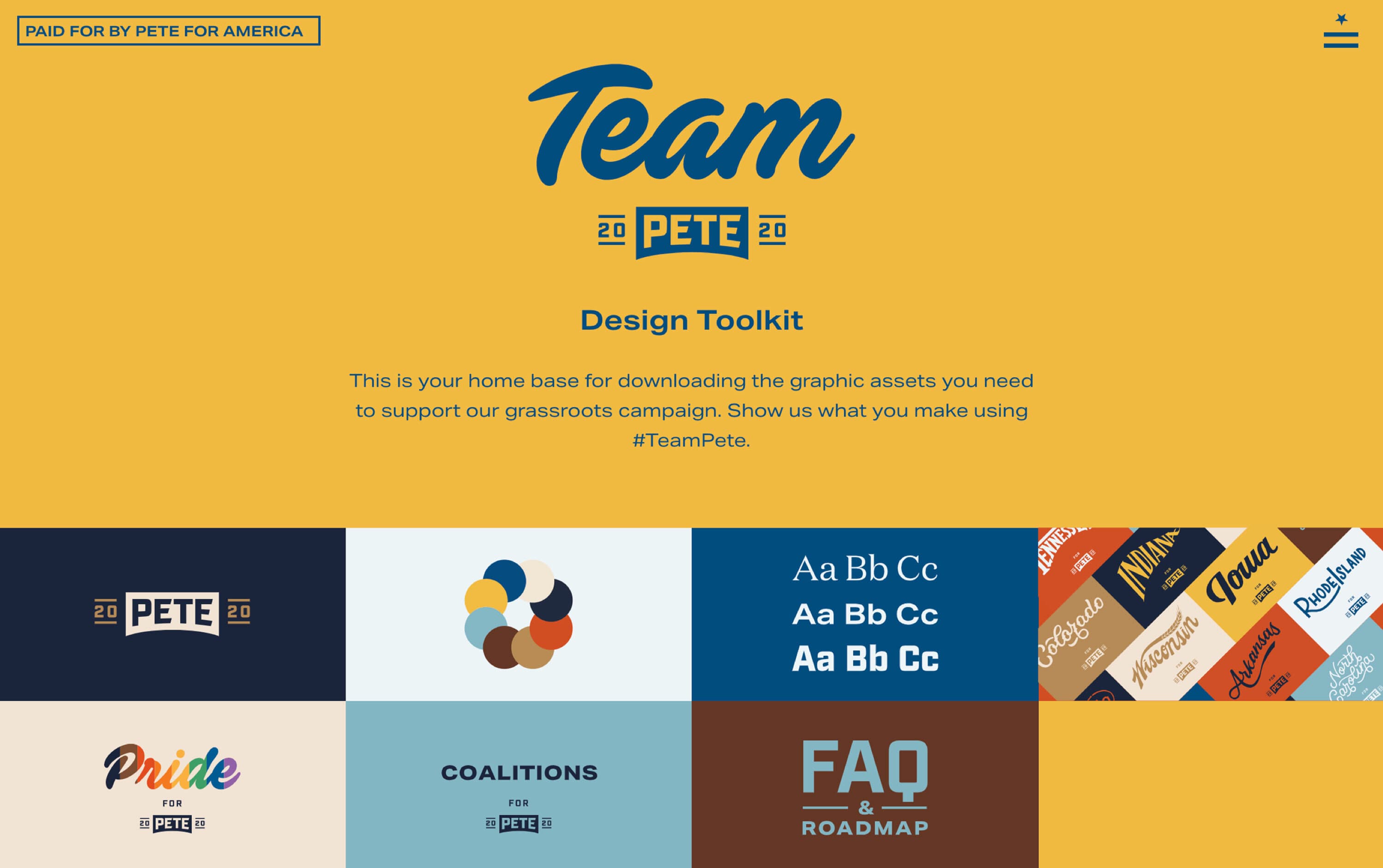A webpage displaying the "Team Pete" design toolkit. It features a central text block with a yellow background, surrounded by various colorful graphics, logos, and texts. The navigation menu is at the top right, with "PAID FOR BY PETE FOR AMERICA" in the top left.