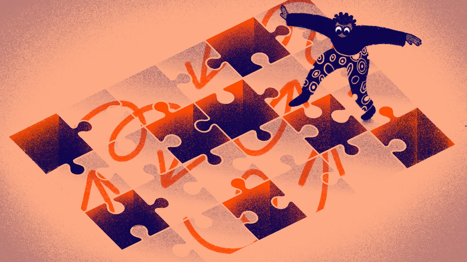 An abstract illustration shows a person standing on a large, incomplete jigsaw puzzle. The puzzle pieces are dark with orange patterns and arrows drawn on them. The person has wavy hair, is wearing a black top, and pants with circular designs.