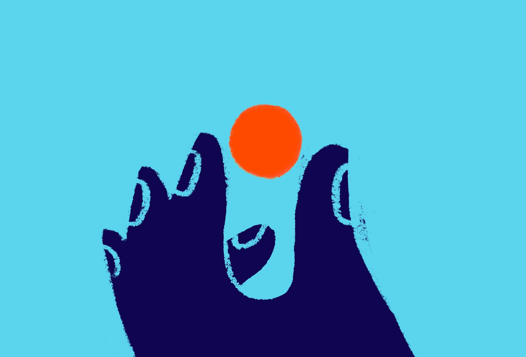 A stylized illustration shows two navy blue hands reaching towards a bright orange circle against a light blue background. The image has a simple, abstract design with a minimalistic color palette.