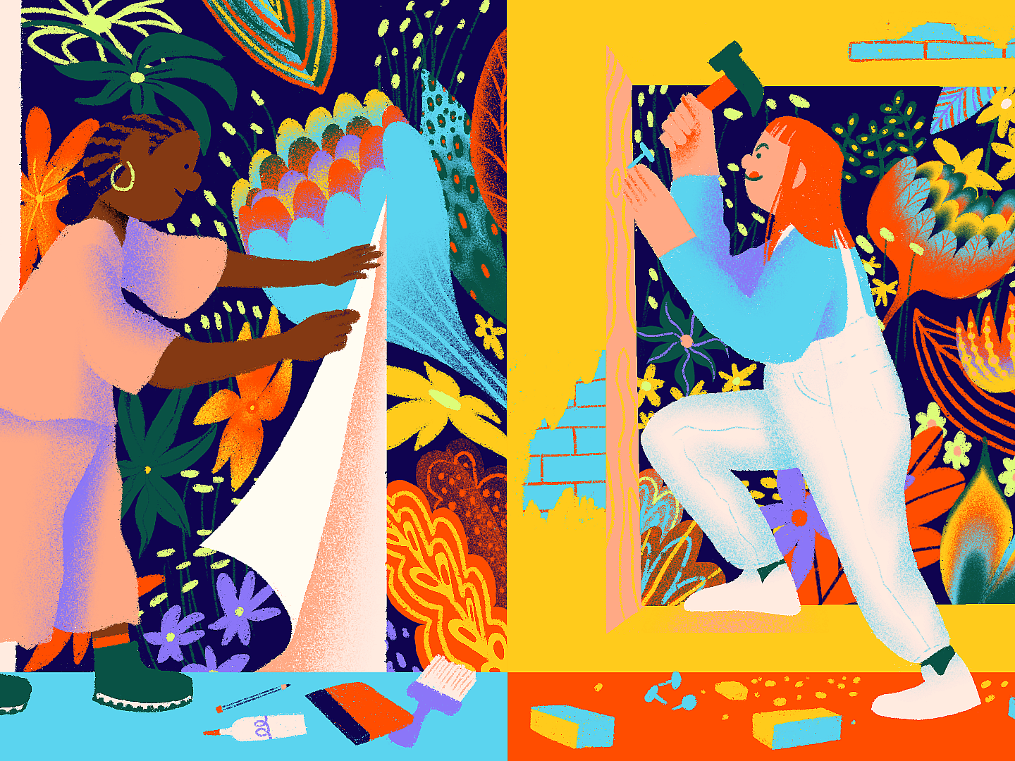 A vibrant illustration shows two people working on separate art projects. One person on the left is painting on a large canvas, while the person on the right is hammering wood pieces together. Both are surrounded by colorful, abstract backgrounds.