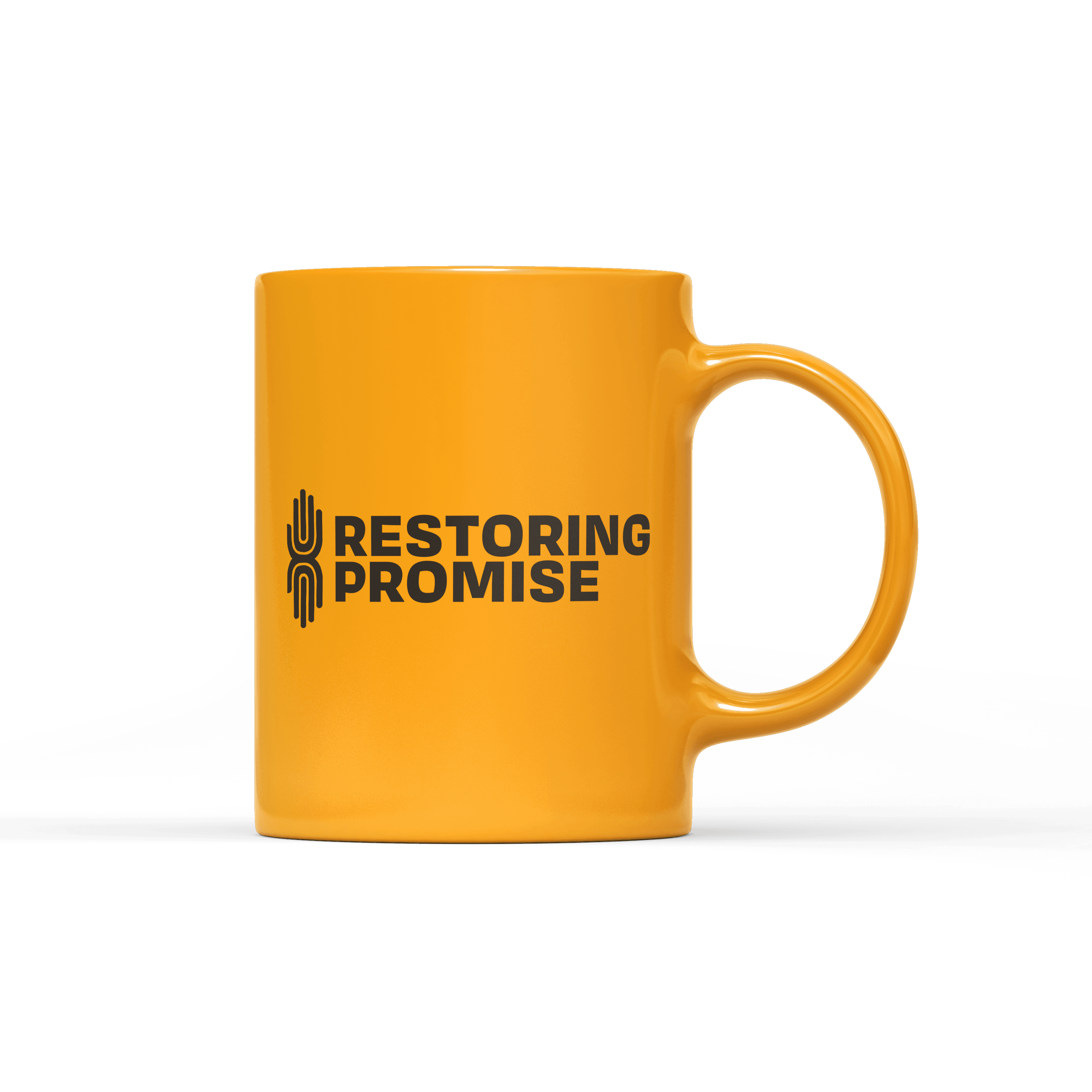 A bright yellow ceramic mug with the words "RESTORING PROMISE" printed in black, alongside a logo consisting of two stylized hands shaking. The mug has a glossy finish and a curved handle.