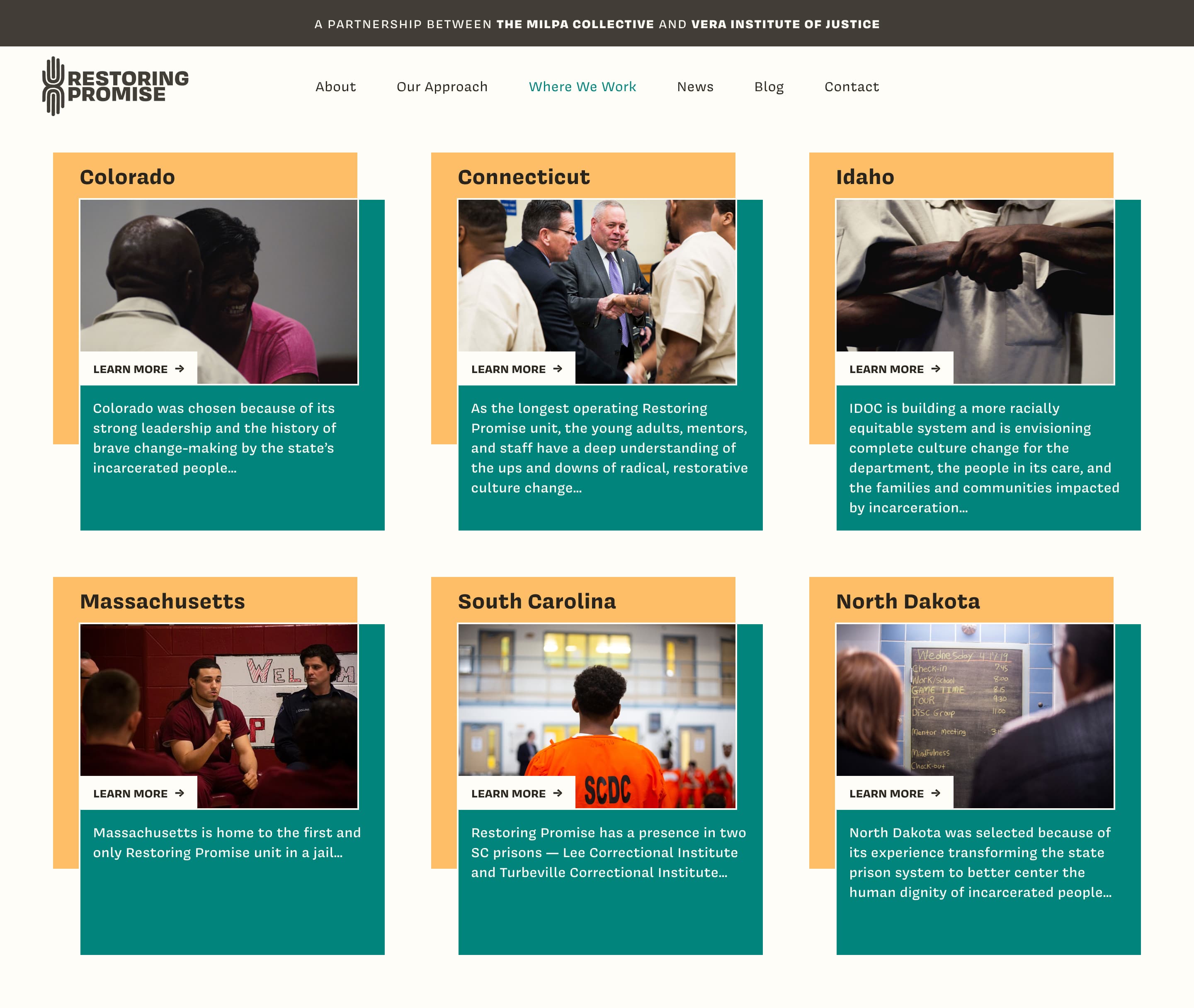A webpage titled "Where We Work" from "Restoring Promise" shows sections about programs in six states: Colorado, Connecticut, Idaho, Massachusetts, South Carolina, and North Dakota. Each box has a brief description, learn more button, and an image representing the program in each state.