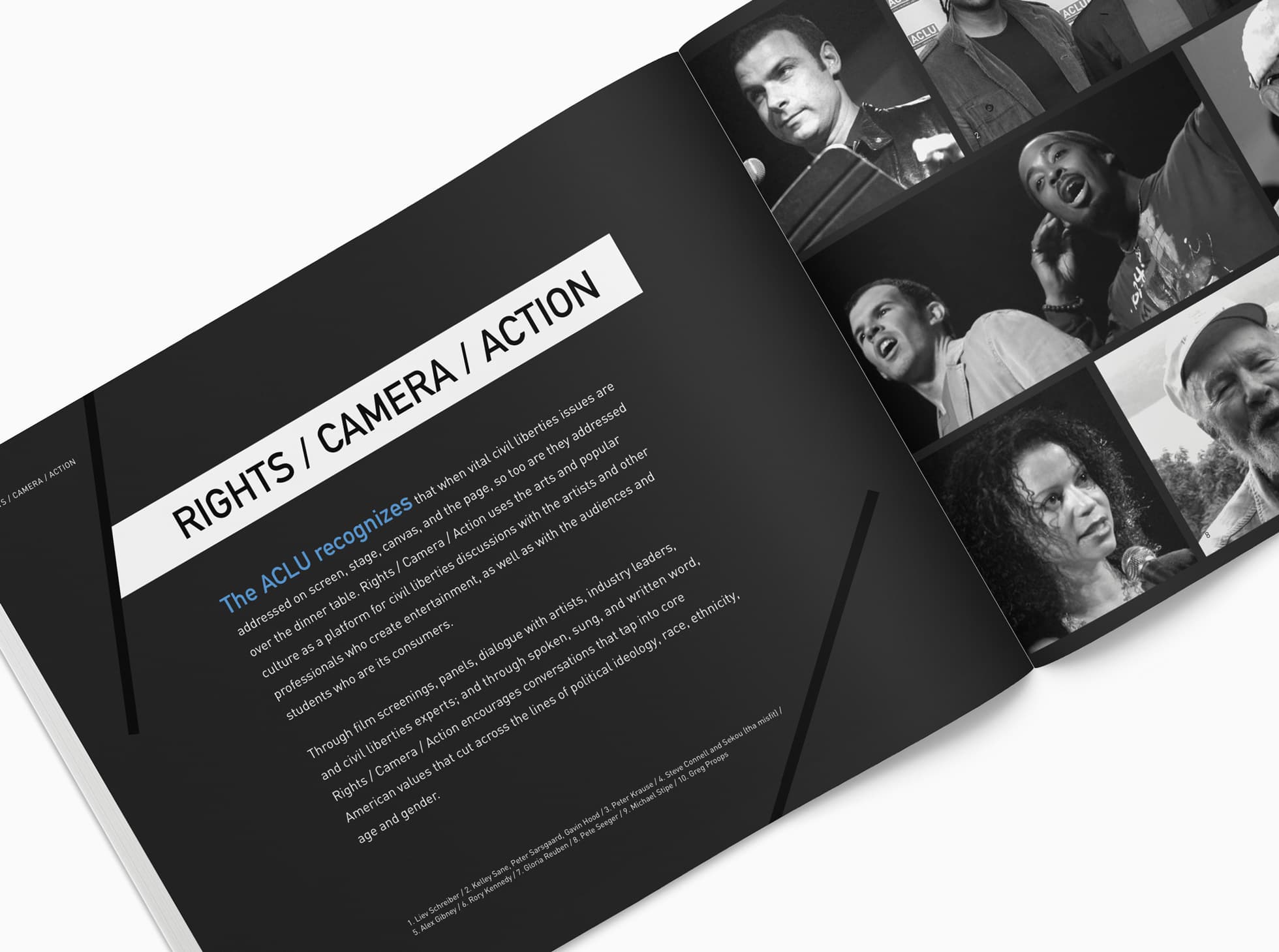 An open book titled "RIGHTS / CAMERA / ACTION" features a page with text about partnering with artists, comedians, and influencers for discussions on civil liberties and rights. The opposite page shows several black-and-white photos of individuals in various settings.