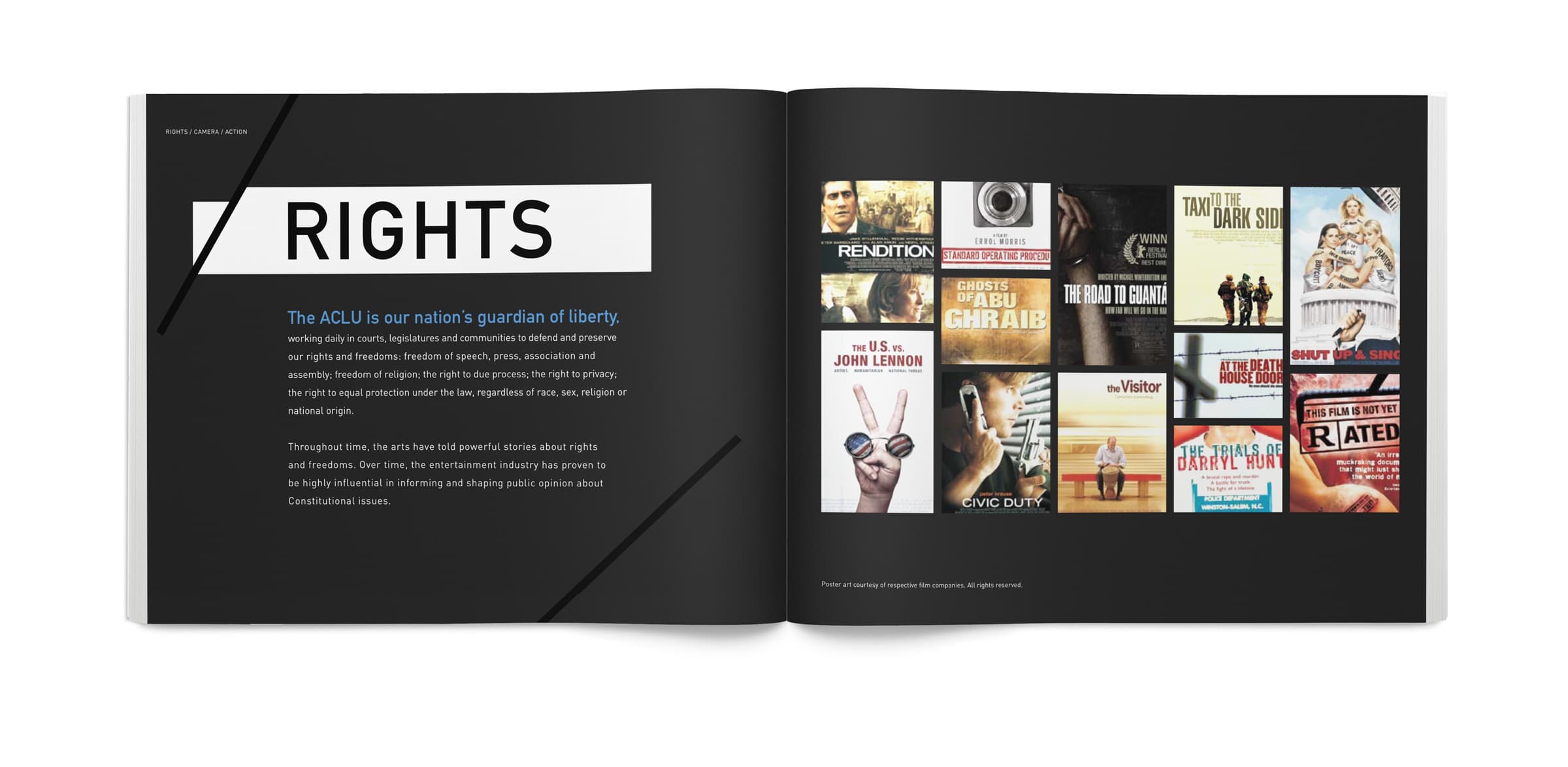 An open book displaying a section titled "Rights." The left page describes the ACLU's role in protecting civil liberties, while the right page shows a grid of twelve film posters related to social justice and human rights themes.