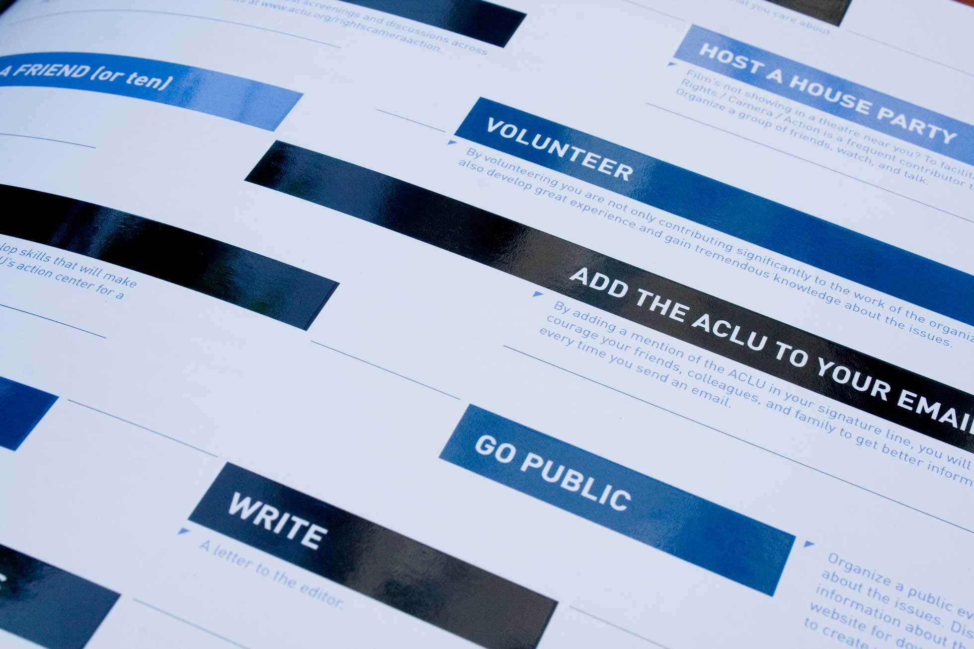 A close-up of a page with various blue and white sections containing text. The headings include "Host a House Party," "Volunteer," "Add the ACLU to Your Email," "Go Public," and "Write." Each section provides brief instructions or suggestions below the headings.