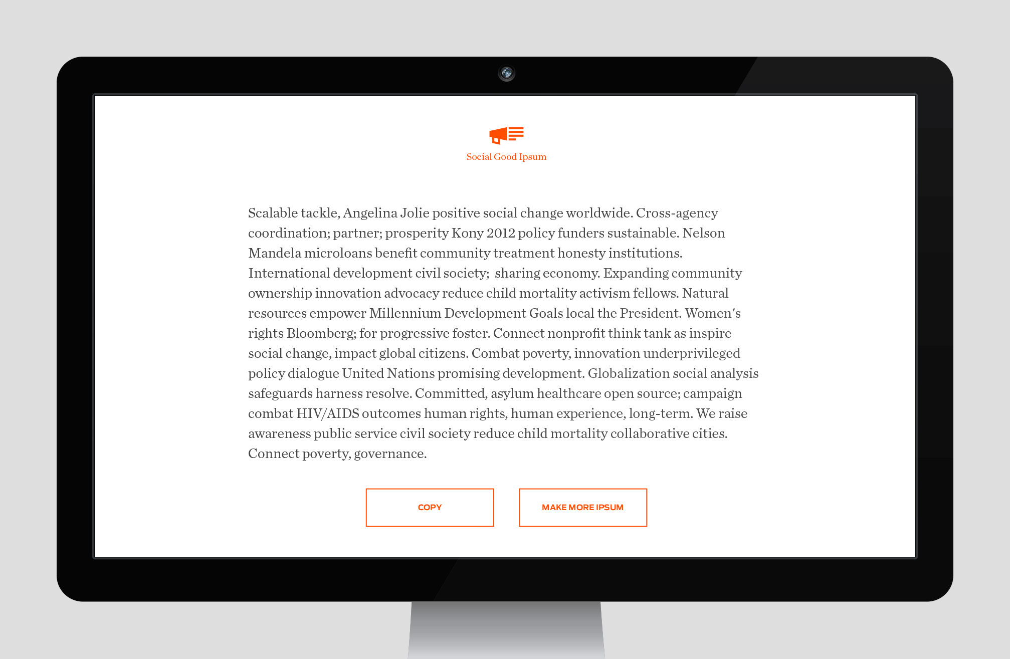 A computer monitor displays a webpage from "Social Good Ipsum" with placeholder text resembling a corporate or non-profit mission statement. Below the text, there are two buttons labeled "COPY" and "MAKE MORE IPSUM". The webpage header features a small logo.