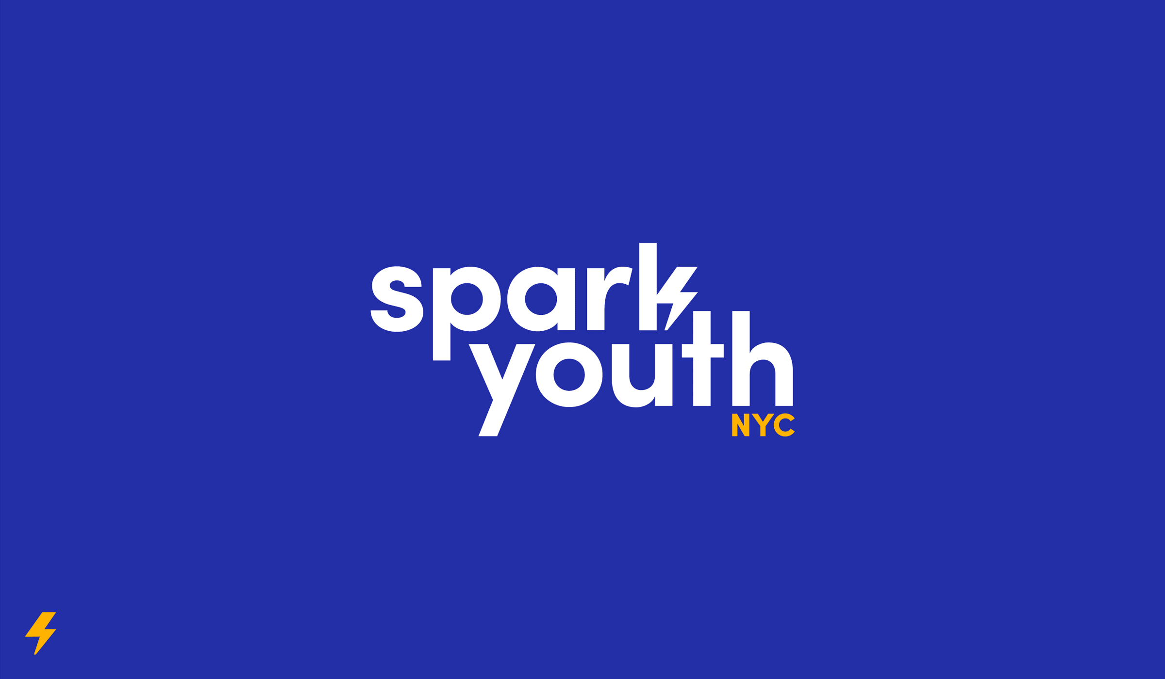 A blue background with the text "spark youth NYC" in white and yellow. The "k" in "spark" is stylized with a lightning bolt. A small yellow lightning bolt symbol is in the bottom left corner.