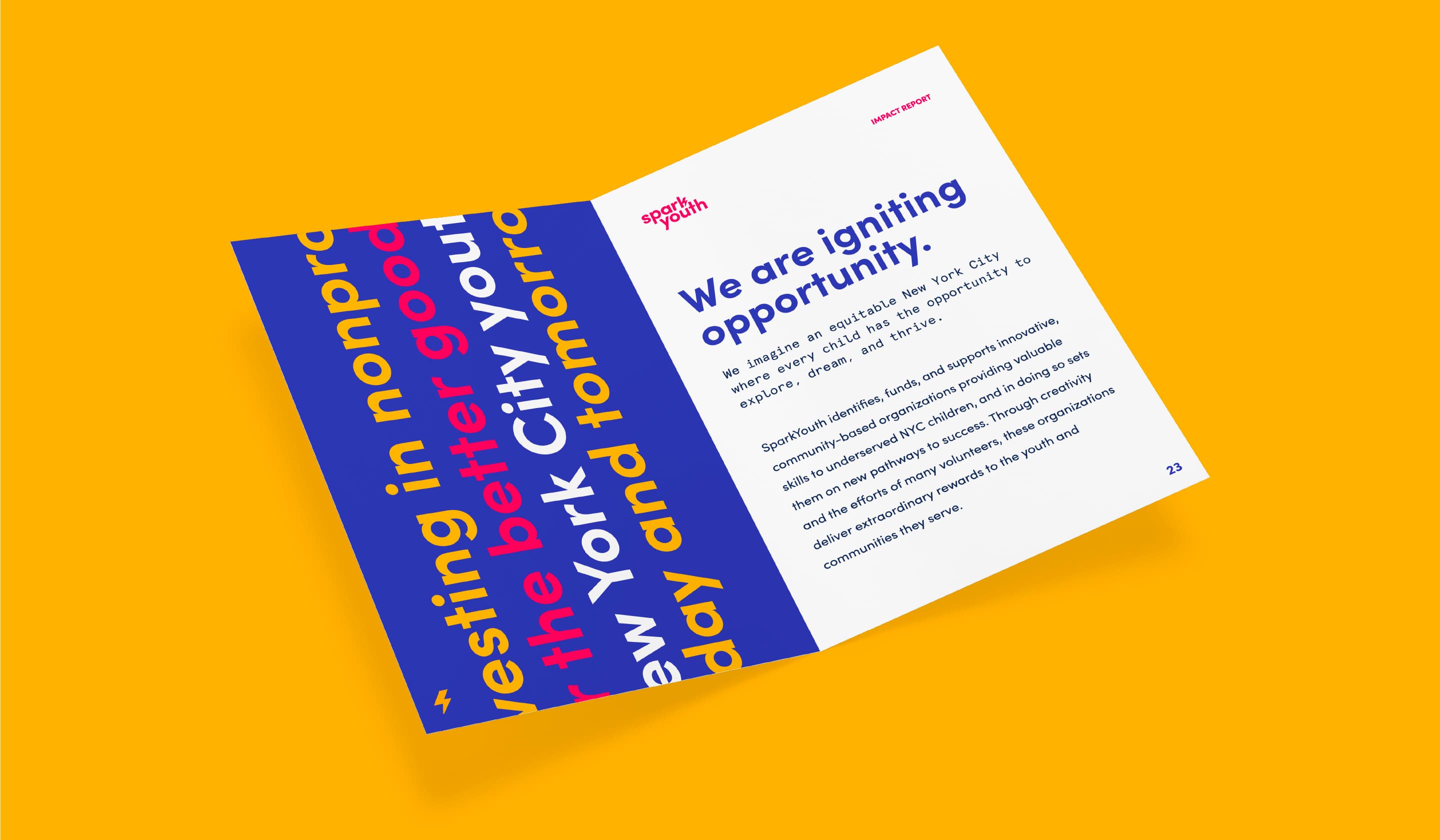 An open booklet against a yellow background. The left page features colorful, vertically aligned text, while the right page has the title "We are igniting opportunity" followed by a paragraph of smaller text and the number 22 at the bottom right corner.