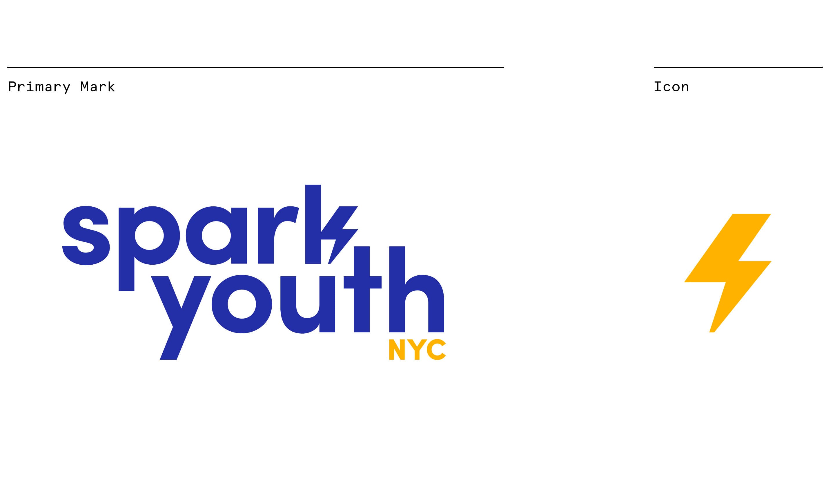 The image shows a logo for "Spark Youth NYC." On the left, the primary mark consists of "spark youth" in bold, blue letters with "NYC" in yellow. On the right, there is a yellow lightning bolt icon.