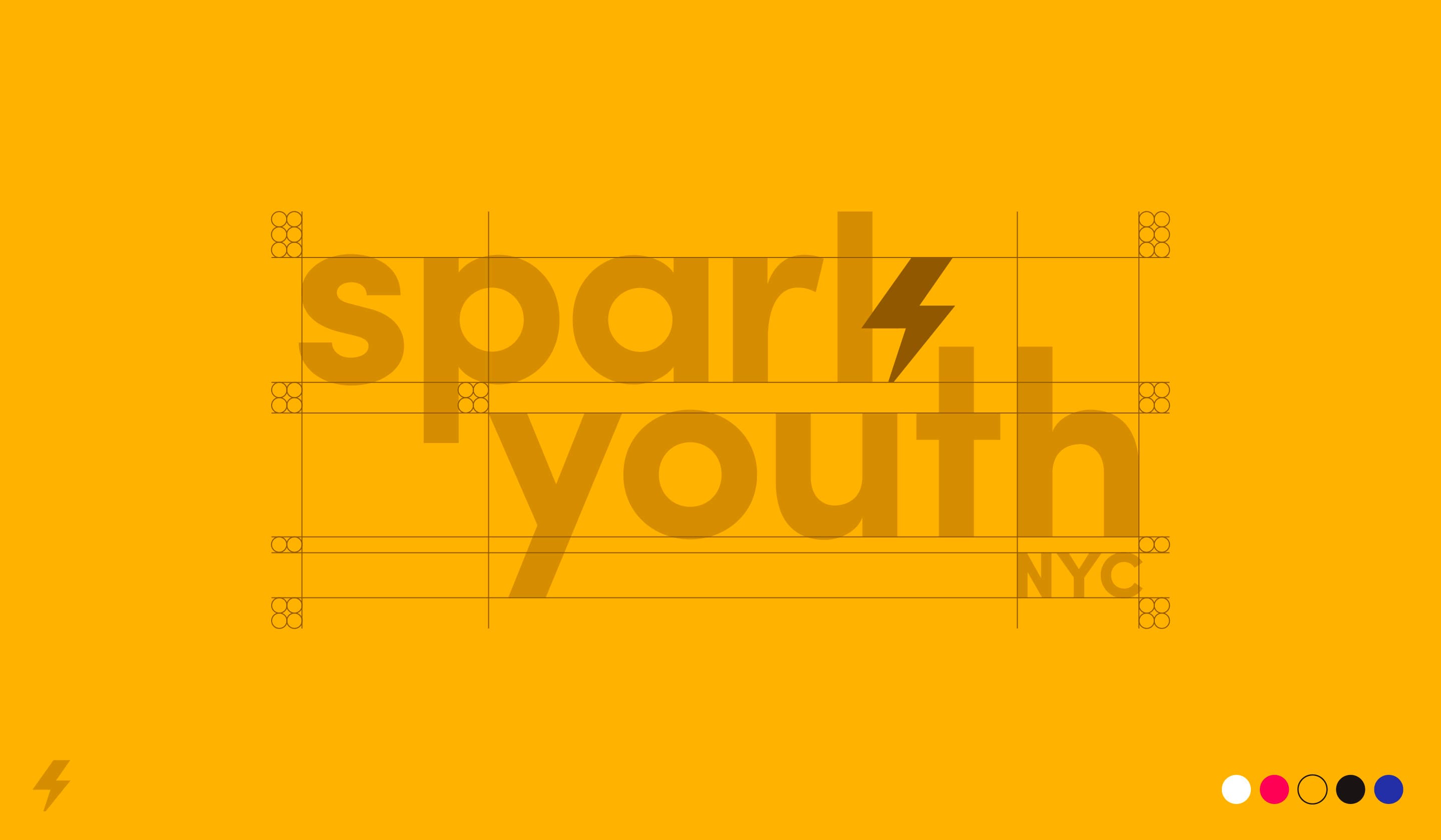 A bold, yellow graphic featuring the text "spark youth NYC" with a stylized lightning bolt replacing the 'a' in "spark". Grid lines and alignment markers are overlayed on the text, and a small logo with a lightning bolt is in the bottom left corner. Color dots are in the bottom right.