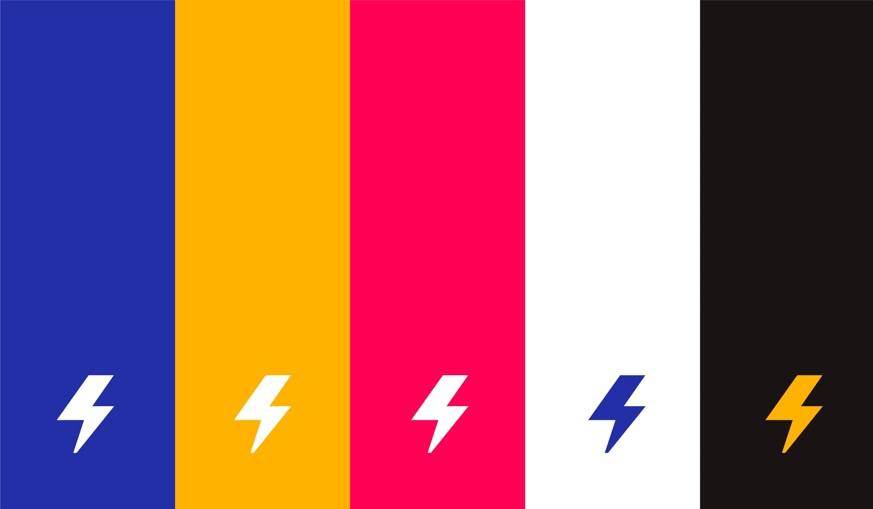 Six vertical rectangles are arranged side by side. From left to right, their colors are blue, yellow, red, white, black, and black. Each rectangle has a white lightning bolt in its bottom left corner, except the last black rectangle which has a yellow bolt.