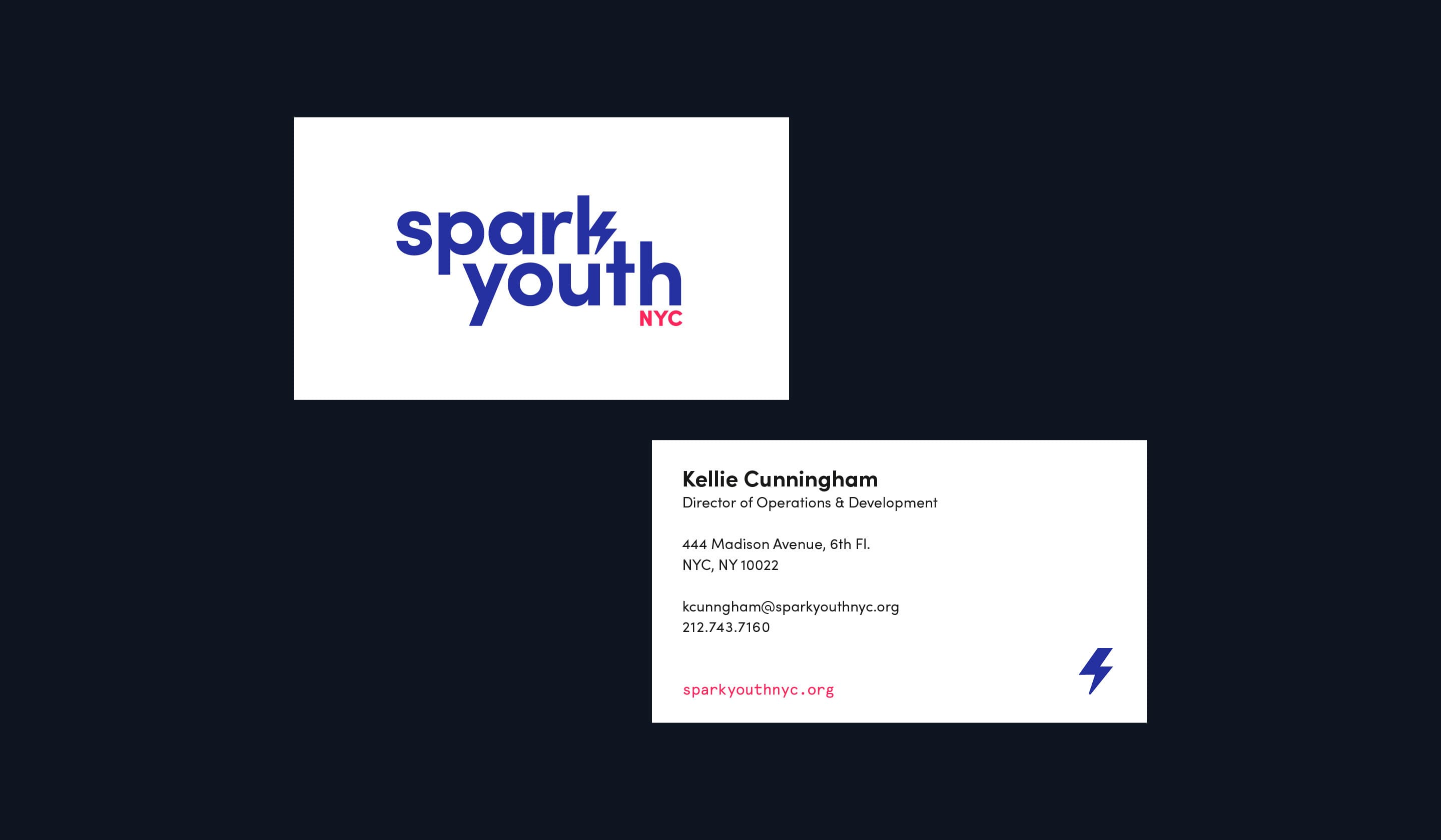 Two cards on a dark background. The left is the Spark Youth NYC logo card with blue and red text. The right is a business card for Kellie Cunningham, Director of Operations & Development. It includes the organization's address, email, phone number, and website.