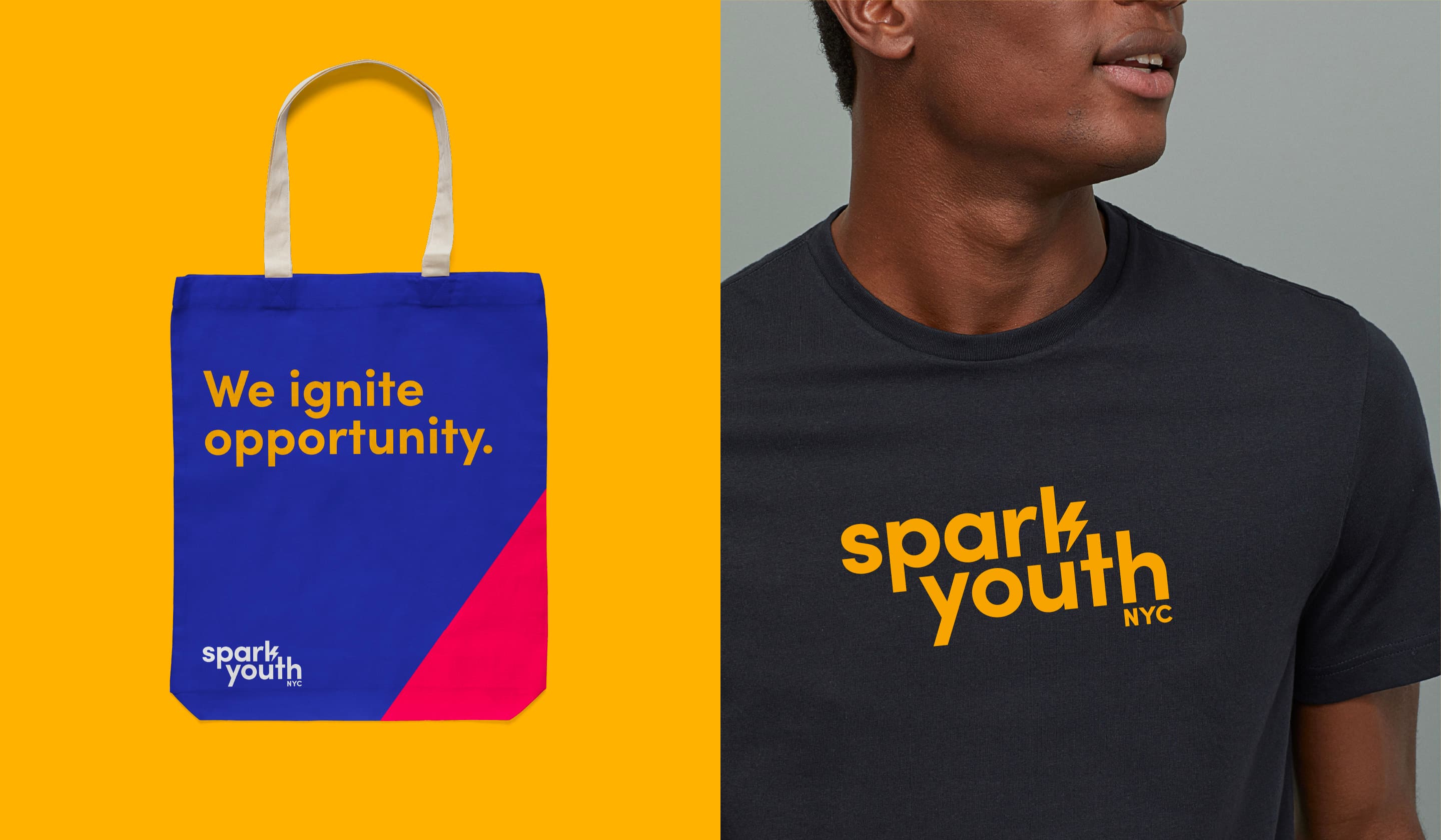 A tote bag and t-shirt are displayed side by side. The tote bag is blue and red with white handles, featuring the text "We ignite opportunity." The t-shirt is navy blue with the text "spark youth NYC" in bold yellow letters.