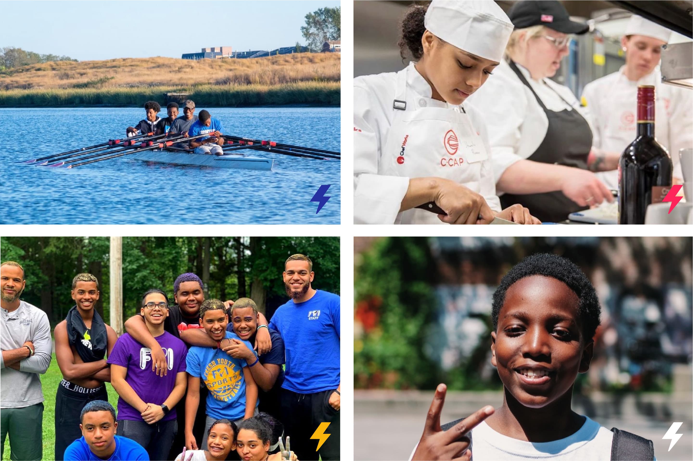A collage of four images: Top-left shows a rowing team on water, top-right features chefs cooking in a kitchen, bottom-left shows a group of smiling people outdoors, and bottom-right is a close-up of a child making a peace sign.
