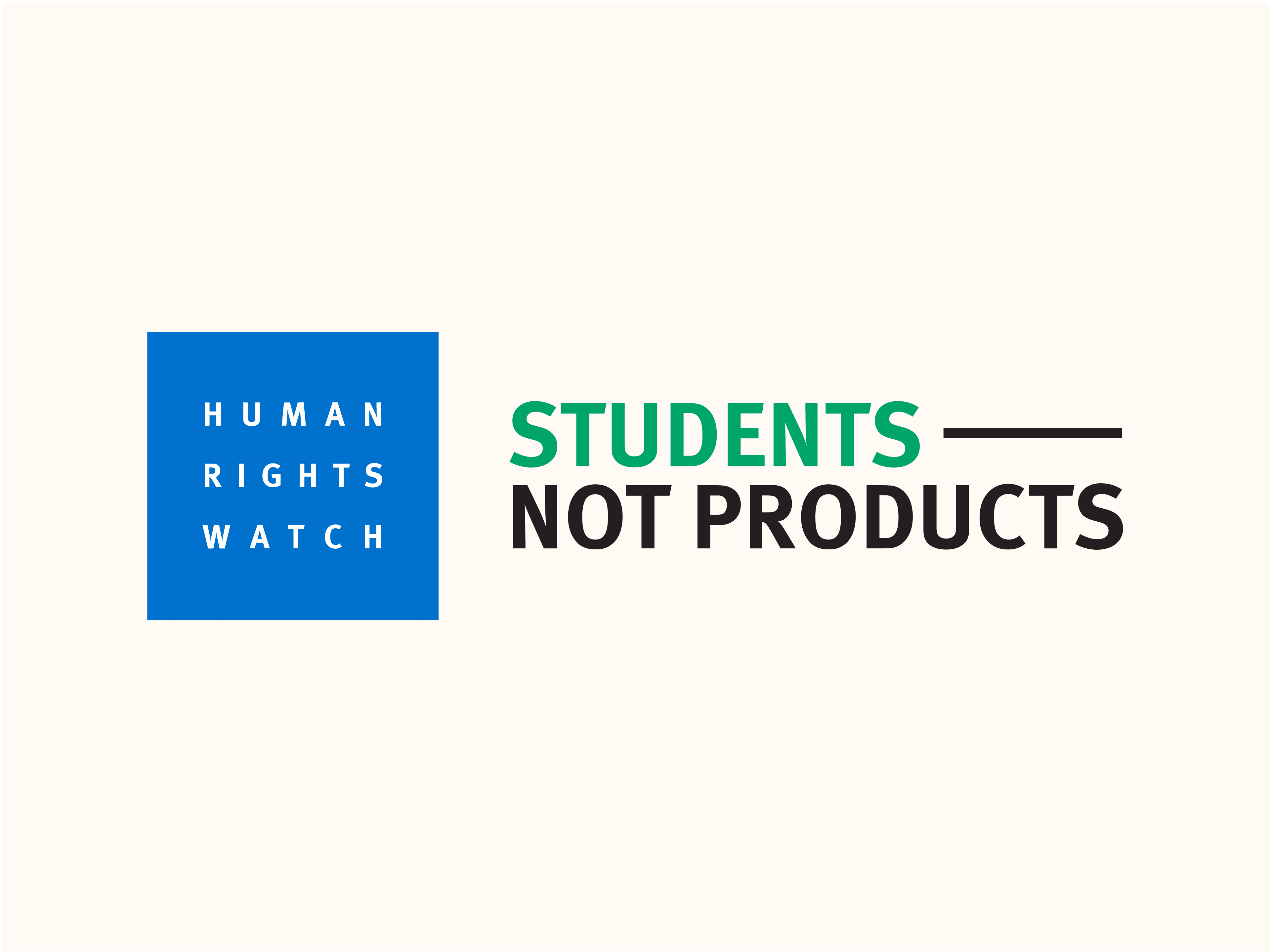 A logo with a blue square on the left containing the text "HUMAN RIGHTS WATCH." To the right, the slogan "STUDENTS NOT PRODUCTS" is written, with "STUDENTS" in green and "NOT PRODUCTS" in black, separated by a black line. The background is off-white.