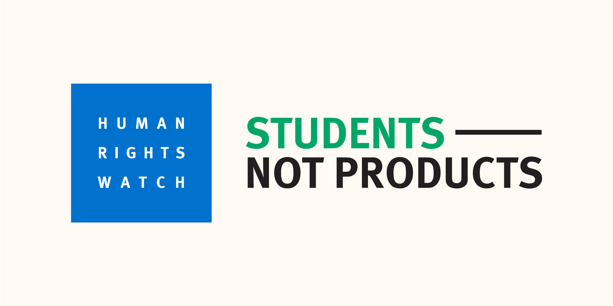 A logo with a blue square on the left containing the text "HUMAN RIGHTS WATCH." To the right, the slogan "STUDENTS NOT PRODUCTS" is written, with "STUDENTS" in green and "NOT PRODUCTS" in black, separated by a black line. The background is off-white.