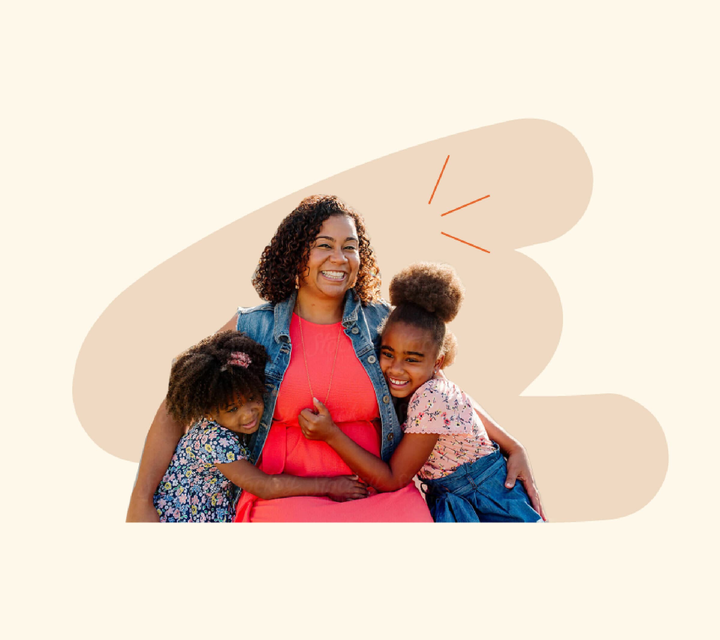 A smiling woman with curly hair, wearing a sleeveless red dress and denim vest, sits with two young girls. The girl on her left leans against her, and the girl on her right hugs her, both smiling. The background has abstract beige shapes.